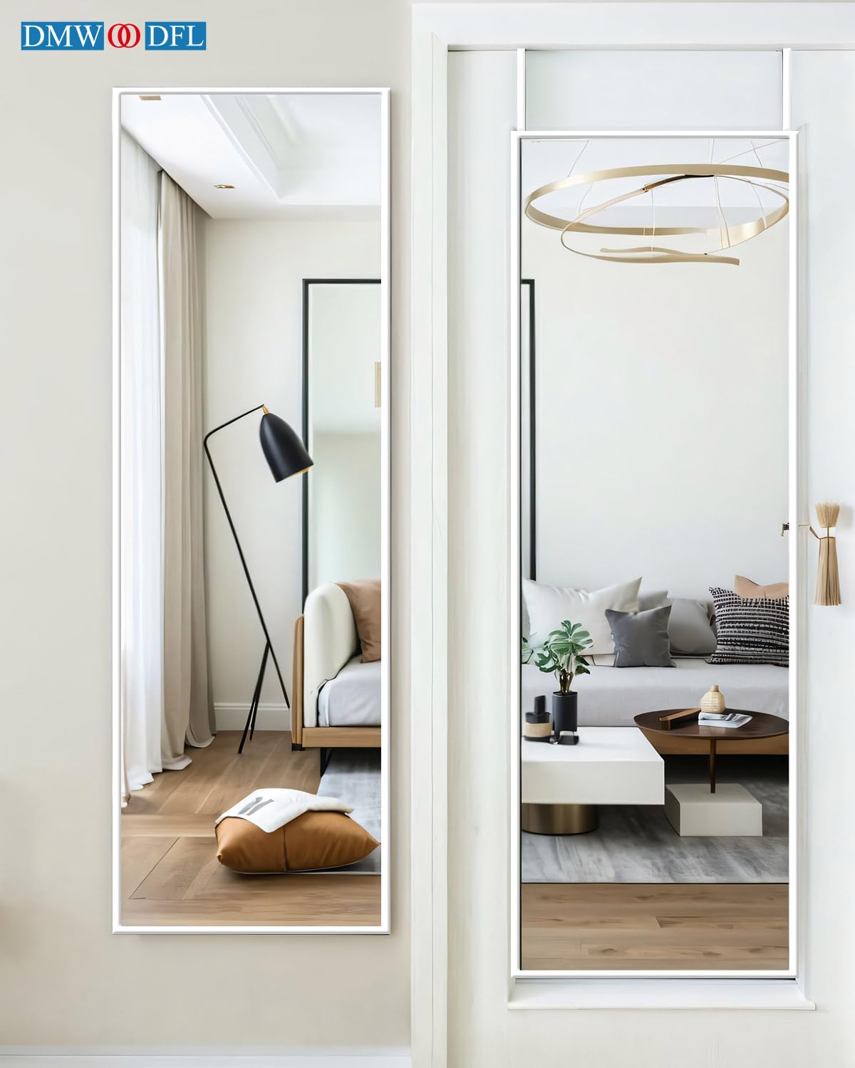 DMWOODFL 48"x14" Over-The-Door Full Length Mirror - No Drill Hanging with Metal Hooks, Shatterproof Glass & Aluminum Frame for Bathroom, Bedroom, Entryway Decor(Silver White)