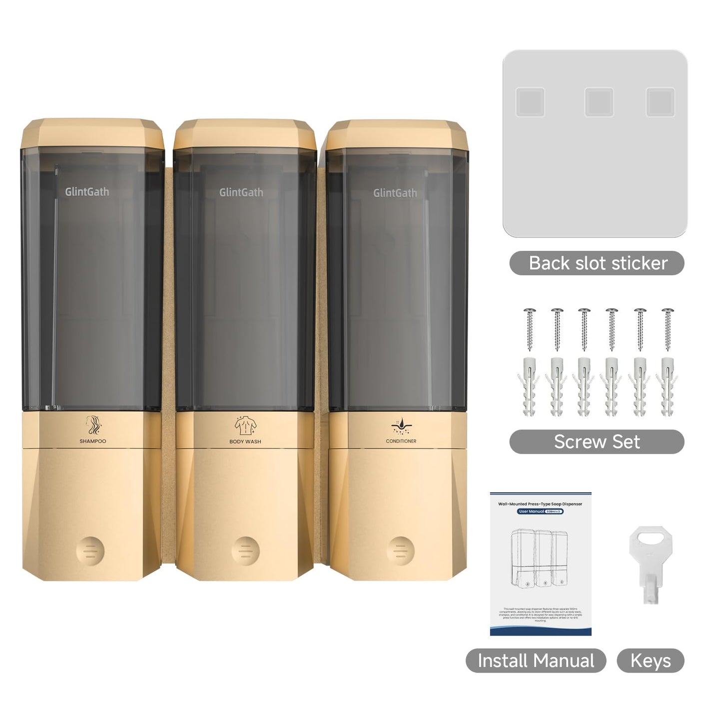 Shampoo and Conditioner Dispenser,Shower Dispenser 3 Chamber No Drill Shampoo Dispenser for Shower Wall Mounted Shower Soap Dispenser for Bathroom Hotel,Large Capacity 3 * 500ML,Gold
