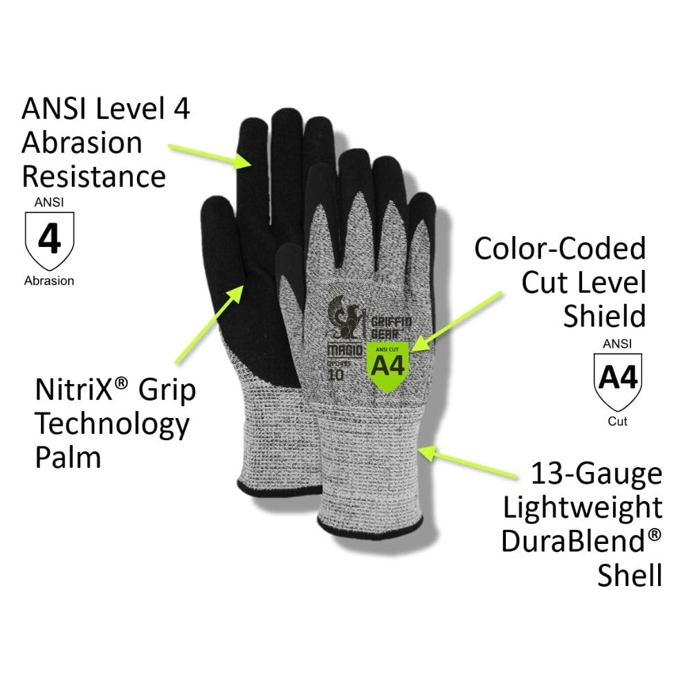 MAGID Griffin Gear ANSI A4 Sandy Nitrile Coated Work Gloves , 12 Pairs, Size 9/Large, GPD455