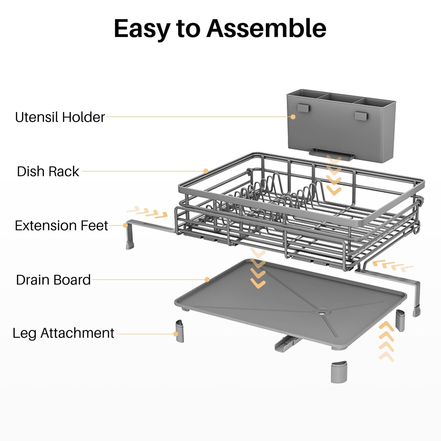 SNTD Dish Drying Rack - Extendable Dish Rack, Large Sink Drying Dish Drainer for Kitchen Counter, Stainless Steel Dish Strainer with Utensil Holder (Grey)