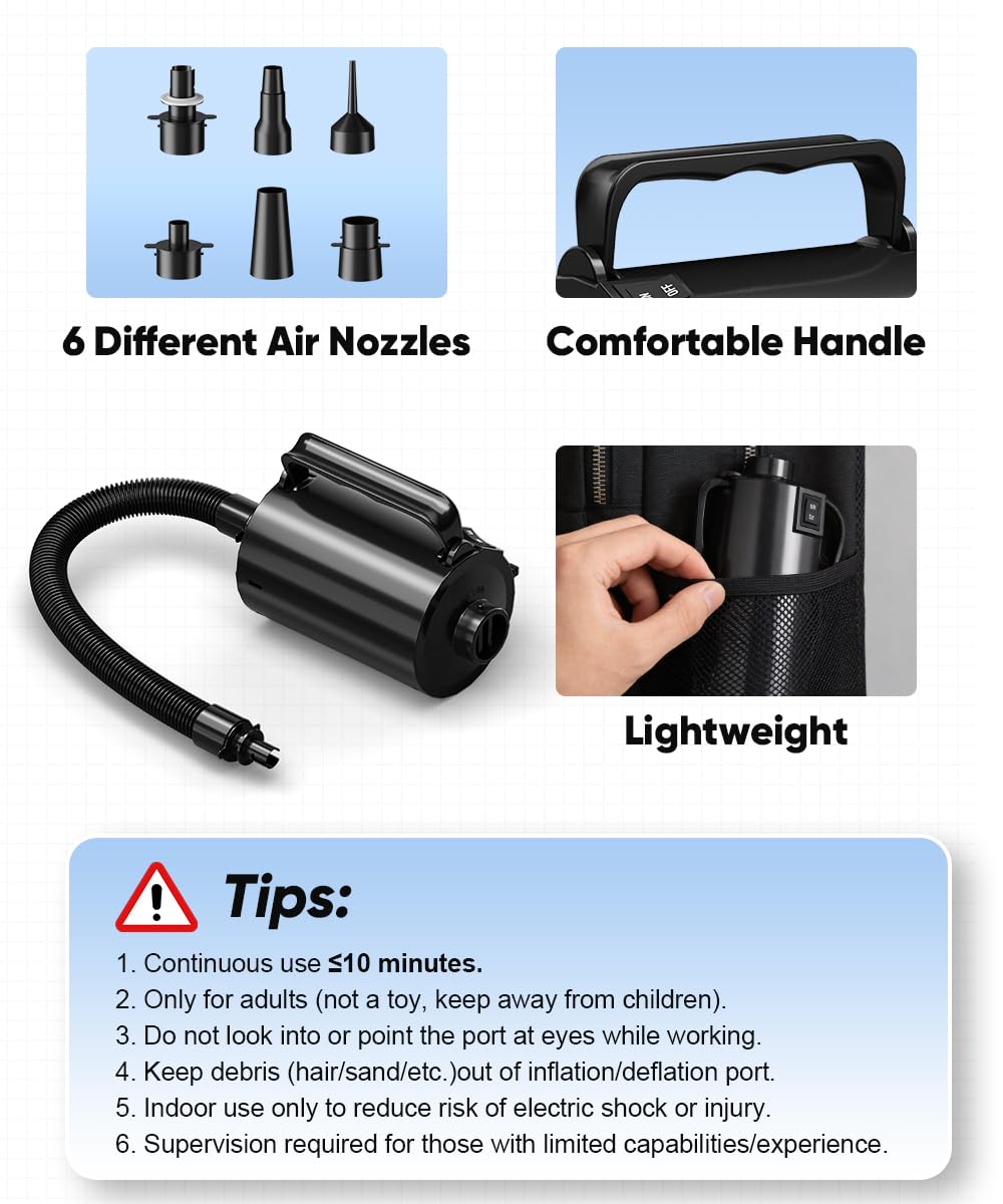 Lotspasie Electric Air Pump with Hose for Inflatables, High Power Inflator Deflator Blow Up Pump with 6 Nozzles, Pool Toy Float Pump for Pool Floats, Air Mattress, Toys, Gym Mat, 320W, 1.5PSI, 120V AC