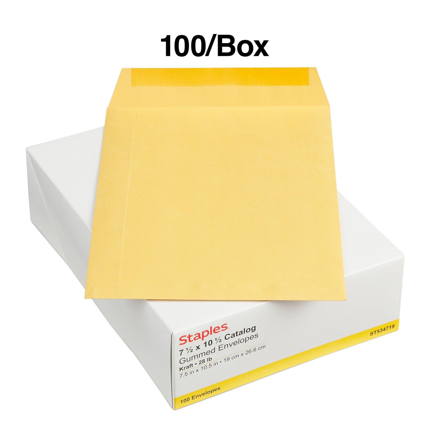 Staples 7.5 x 10.5 Kraft Catalog Envelopes, Brown, Gummed Flap Closure, Heavyweight Document Mailing Envelopes, 100/Box