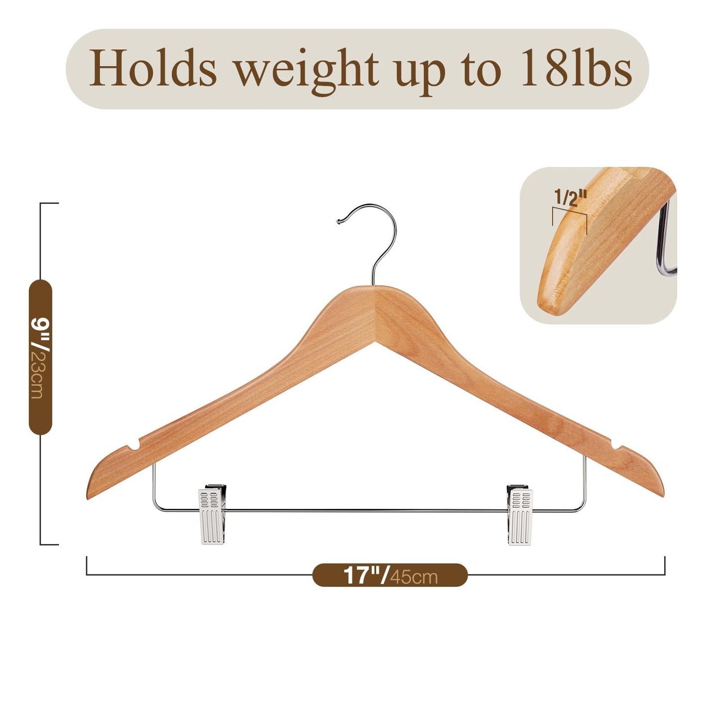 Ulimart Wooden Hangers with Clips 12 Pack Wooden Pants Hangers,Skirt Hangers with Adjustable Clips,Hangers for Pants,Jeans,Slacks,Shorts(Natural)