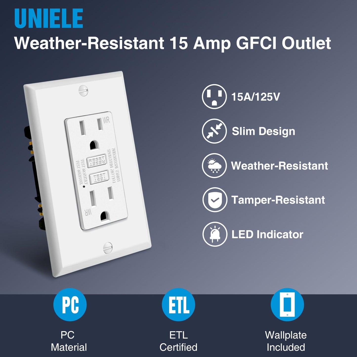 (10 Pack) UNIELE 15 Amp WR GFCI Outlet, Outdoor Weather-Resistant GFI Receptacle, Ground Fault Circuit Interrupter, Wallplate Included, White