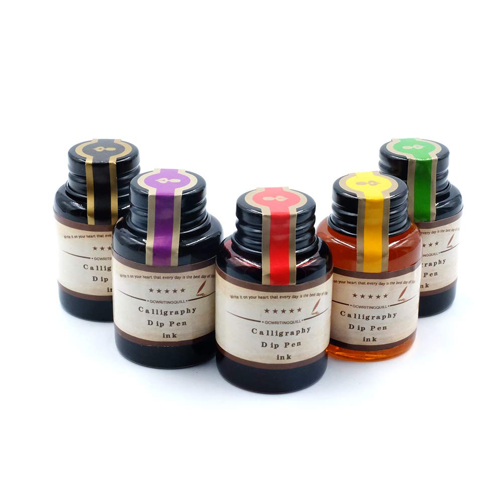 GC QUILL MU-02 Calligraphy Pen Set, Glass Dip Pen and Handcrafted Wooden Dip Pen Gift Set with 5 Colors Calligraphy Ink 6 Nibs, Calligraphy Set for Beginners