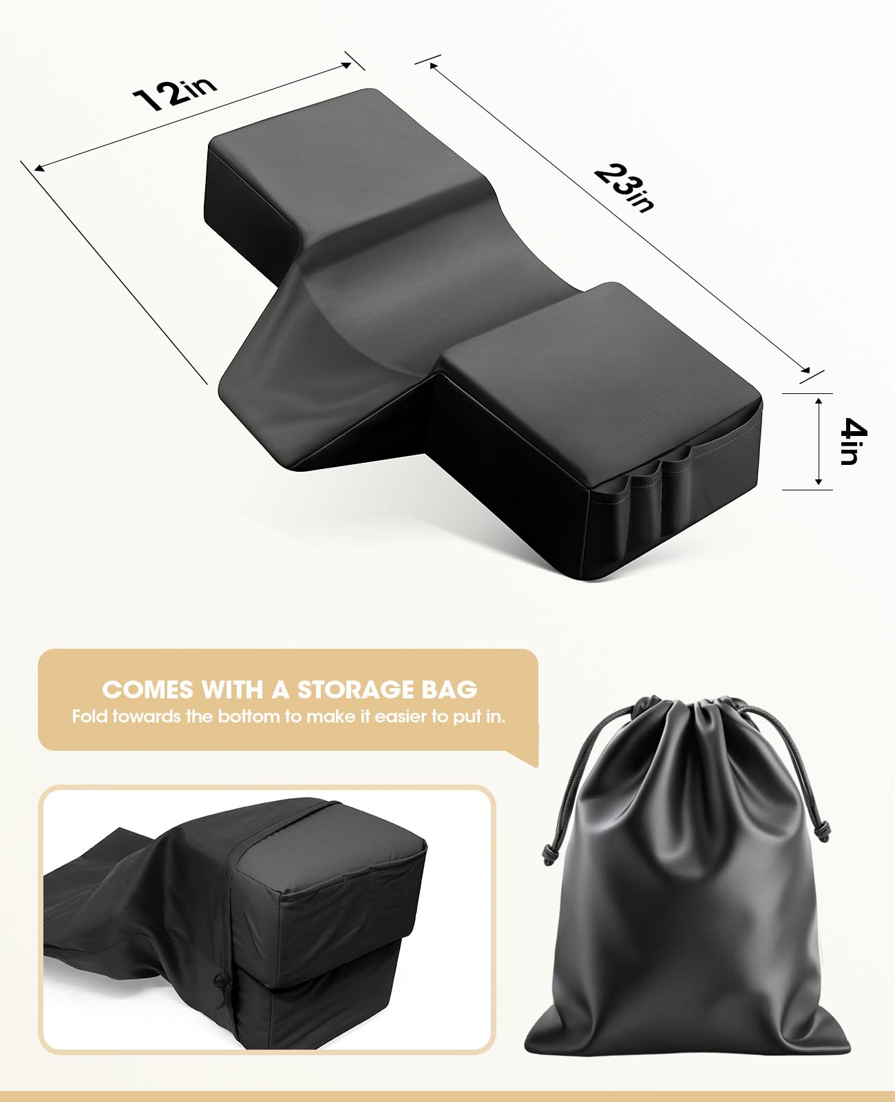 Onism Lash Pillow for Eyelash Extensions, 23'' Extra Wide Waterproof PU Leather Memory Foam Neck Support, Ergonomic Salon Grafting Headrest with Side Organizers, Black