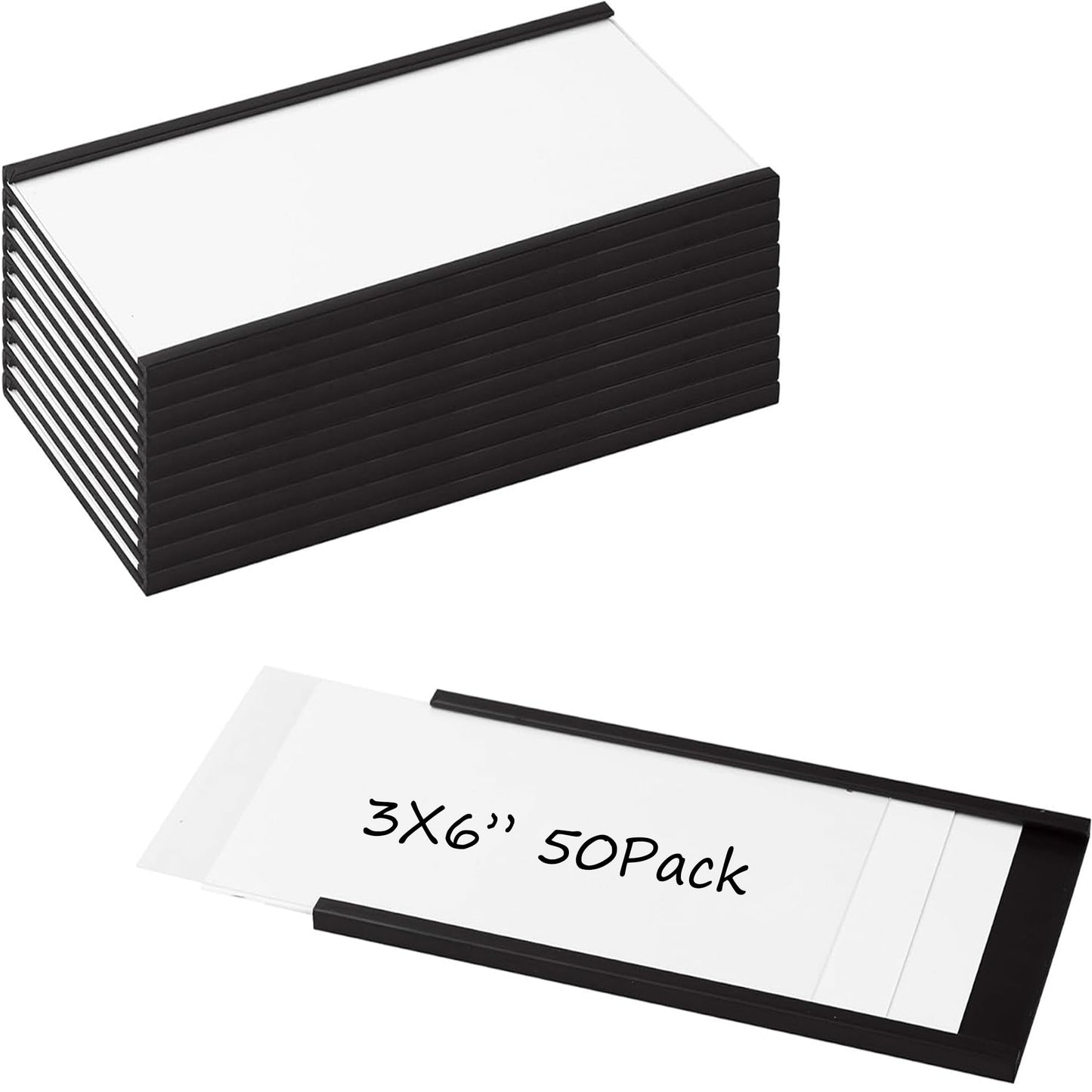 Realth C Channel Magnetic Label Holders 50 Pack 3'' x 6'' with Paper Inserts and Clear Plastic Protectors, Magnetic Data Card Holders File Cabinet Labels for Metal Racks and Shelves