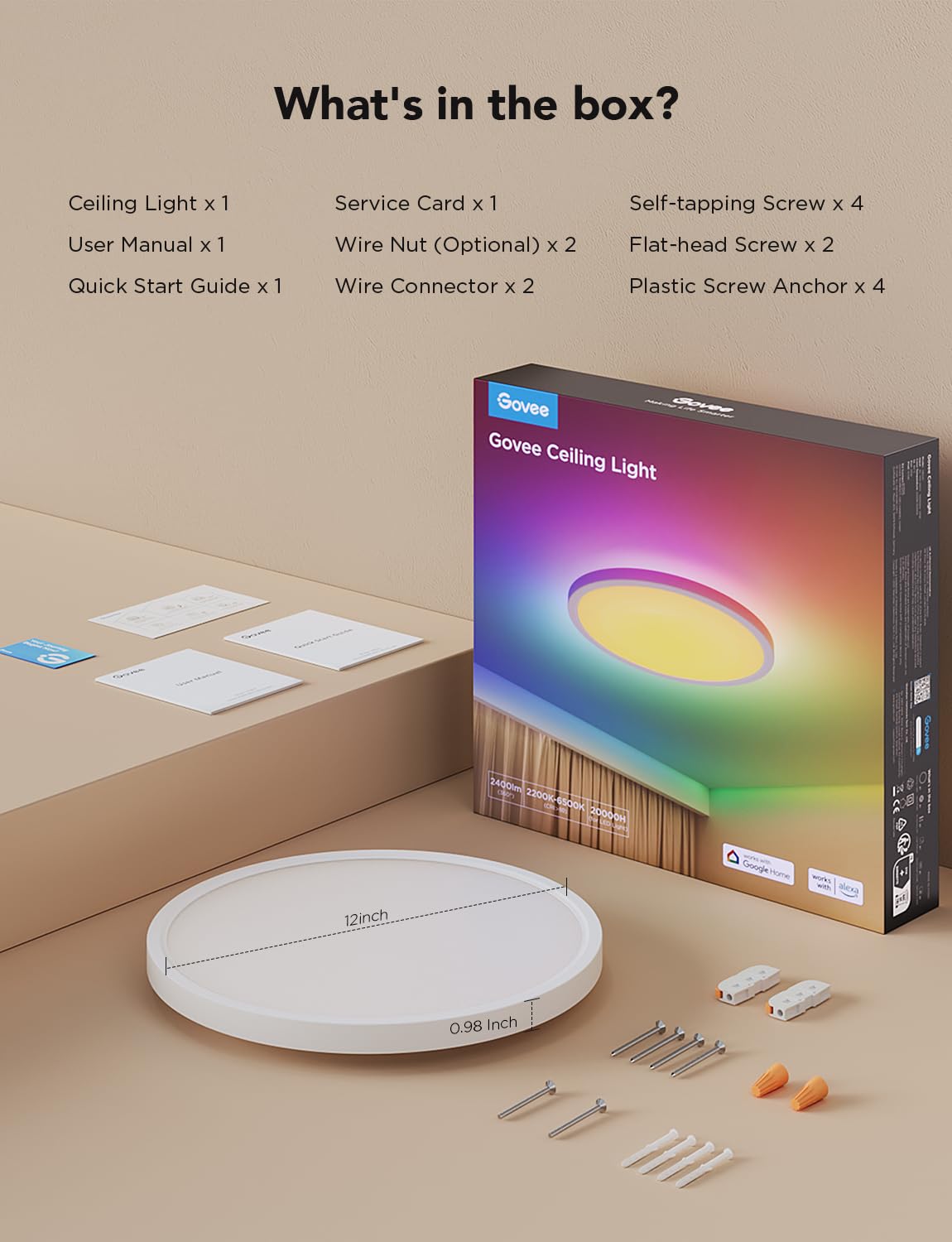 Govee Smart Ceiling Light, RGBIC LED Ceiling Light Fixture, 2400LM Flush Mount Light Fixture, DIY Colors, Works with Alexa, 2200K-6500K Lights for Bedroom, Living Room,12 Inch, 1 Pack (White)