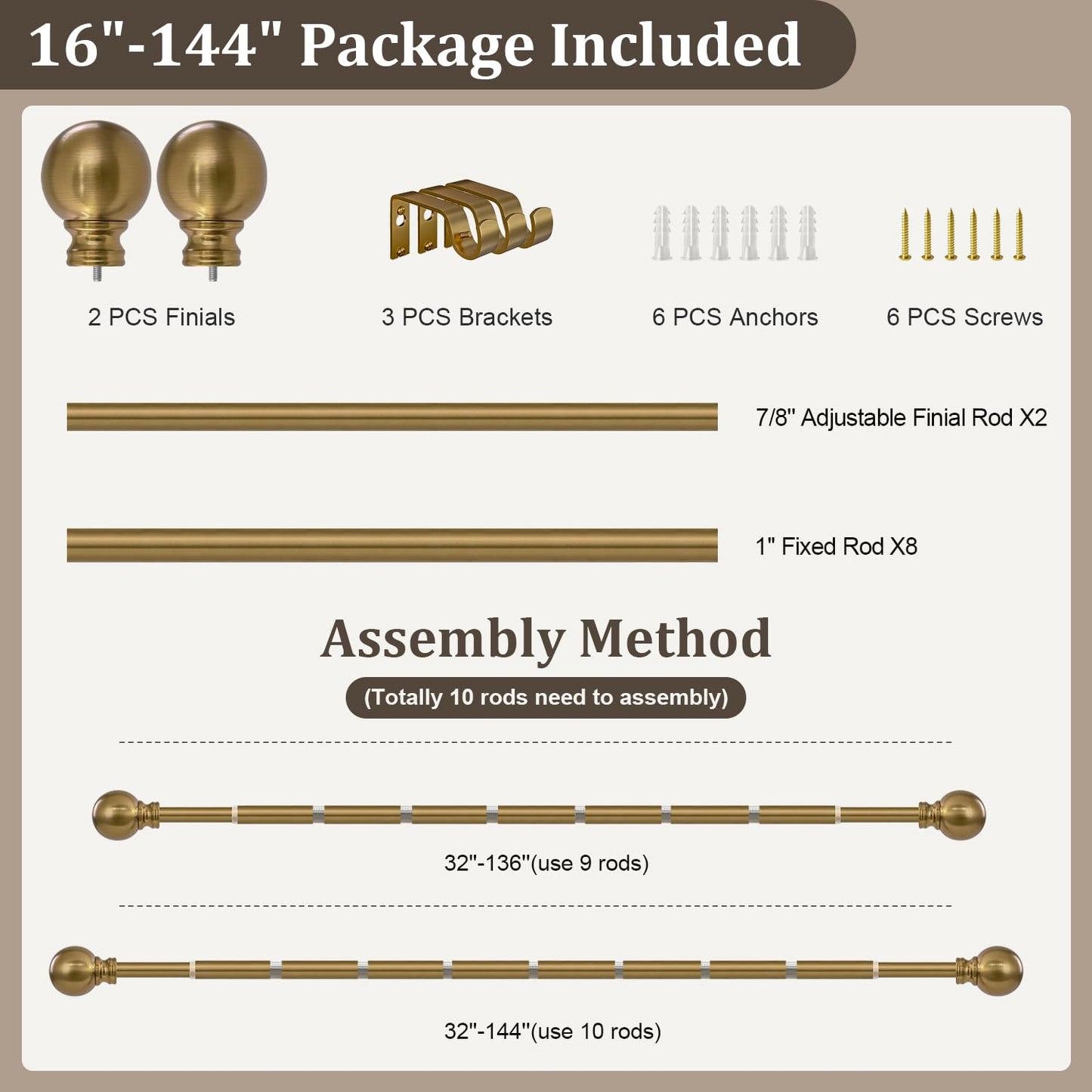 Warm Gold Curtain Rods for Windows 72 to144 Inch Brass Extra Long Heavy Duty Adjustable single 1" Diameter with vintage Brushed Bronze Metal Finials Antique for Living Room Bedroom Farmhouse Kitchen