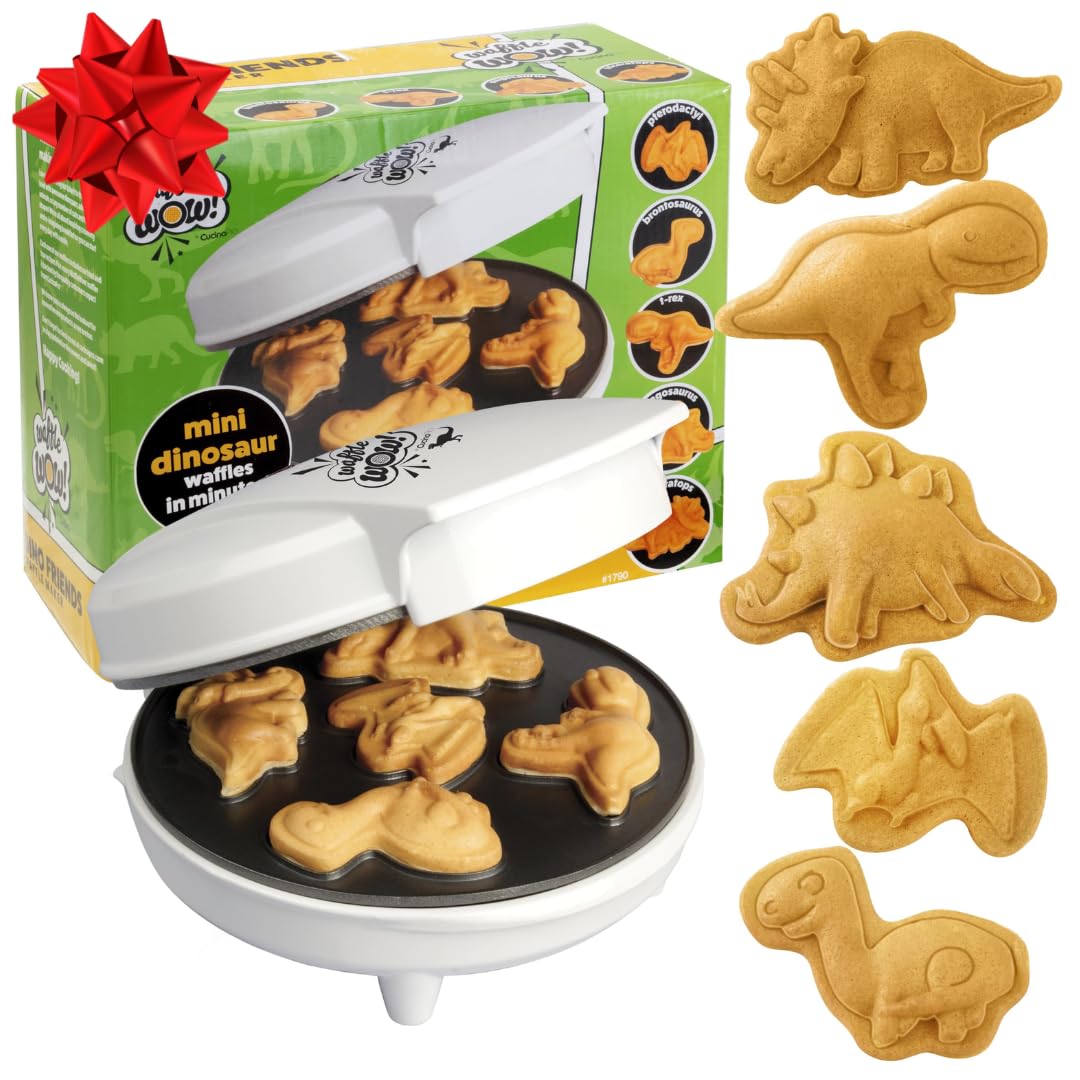 Dinosaur Mini Waffle Maker- Fathers Day Fun, 5 Different Double Sided 3D Shaped Dinos in Minutes- Kid Adult Breakfast w Novelty Pancakes, Electric Baker, Non-Stick Waffler Iron w Recipes, Gift for Him