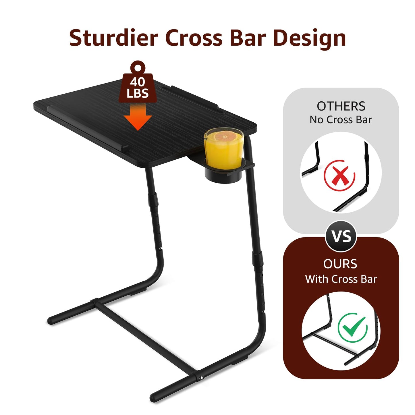 Adjustable TV Tray Black Dinner - Folding Trays for Eating On Couch Wooden Tables Mate Stand Foldable Desk with Cup Holder Portable