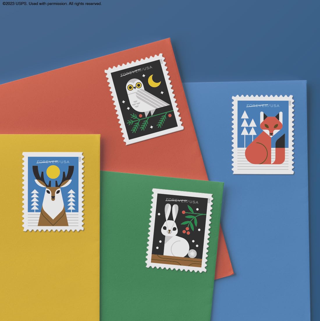 Winter Woodland Animals (2 Booklets of 20) Forever Postage Stamps (a Deer, Fox, Rabbit, and Owl) 2023 Scott #5822-5825,40 Stamps