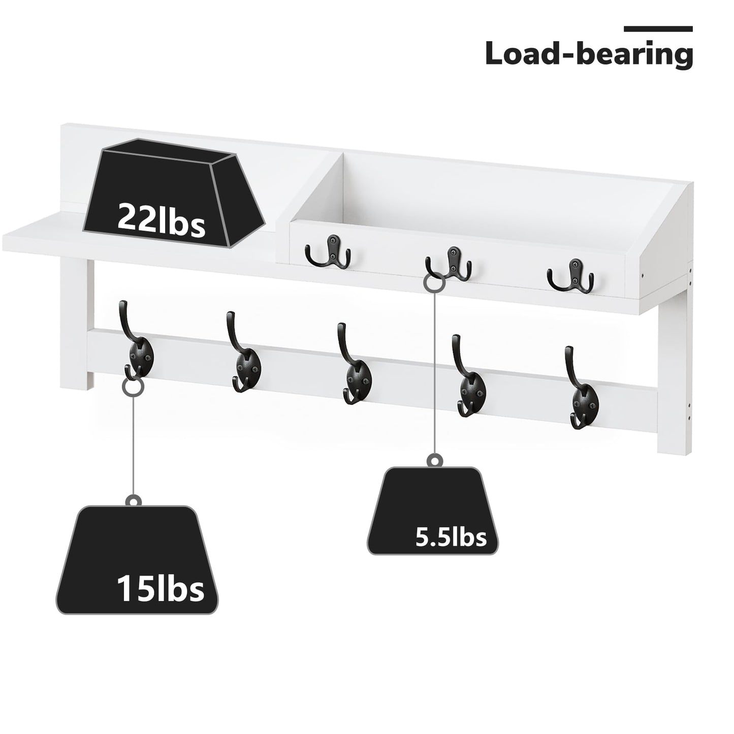AMBIRD Wall Hooks with Shelf, 26.57 Inch Entryway Wood Coat Hooks for Wall, Coat Rack Wall Mount with 5 Dual Hooks 3 Key Hooks Mail Organizer and Key Rack Holder (White)