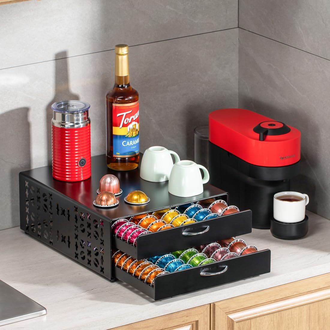FlagShip for Vertuo Pod Holder Coffee Pod Storage for Nespresso Pod Organizer Large Capacity Fits All Size Vertuo Pods 2 Tier Drawer