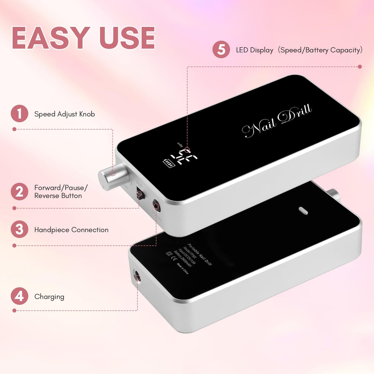 Makartt Electric Nail Drill, 35000RPM Rechargeable Efile with Coreless Motor, Nouvella Portable Nail Filer Machine for Acrylic Gel Removal with Drill Bits Set, Black