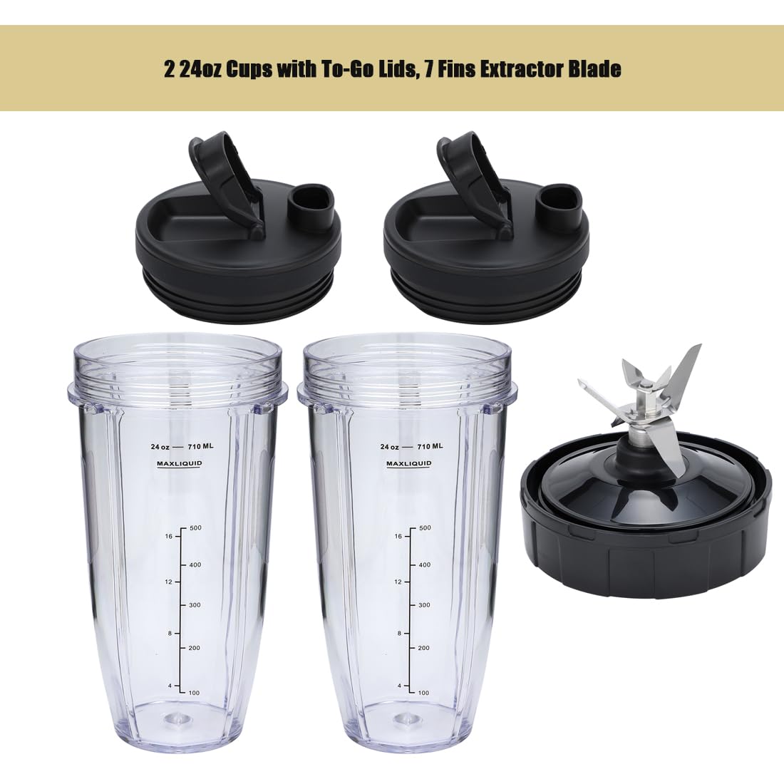 24oz Blender Cups and 7 Fins Blade for Ninja Nutri BN401, BN400, BN801, BN800, Replacement Cups with Sip and Seal Lids. (2Pcs 24oz Cups+1 Pc Blade)- BPA Free.