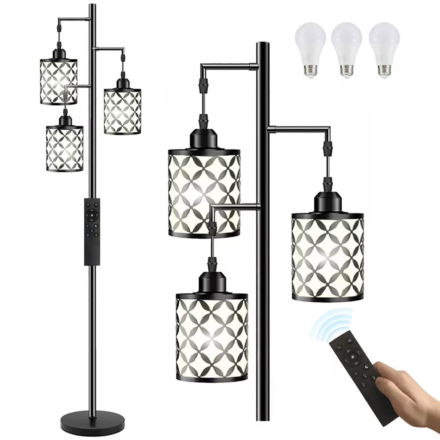 GHOOCEMLUX Dimmable Floor Lamp, Farmhouse Standing Lamp with Elegant Metal Cage, Industrial Tall Tree Floor Lamps for Living Room, Bedroom, Study Room, Office, 3 x 800LM LED Bulbs Included, 72", Black