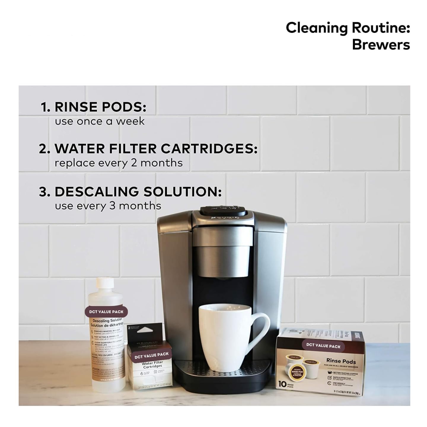 Descaling Solution Pack of 3 (14 fl oz Each) for Single Serve Coffee Machines with Complimentary Direct Coffee Tea Est 2019 Brand Sticker