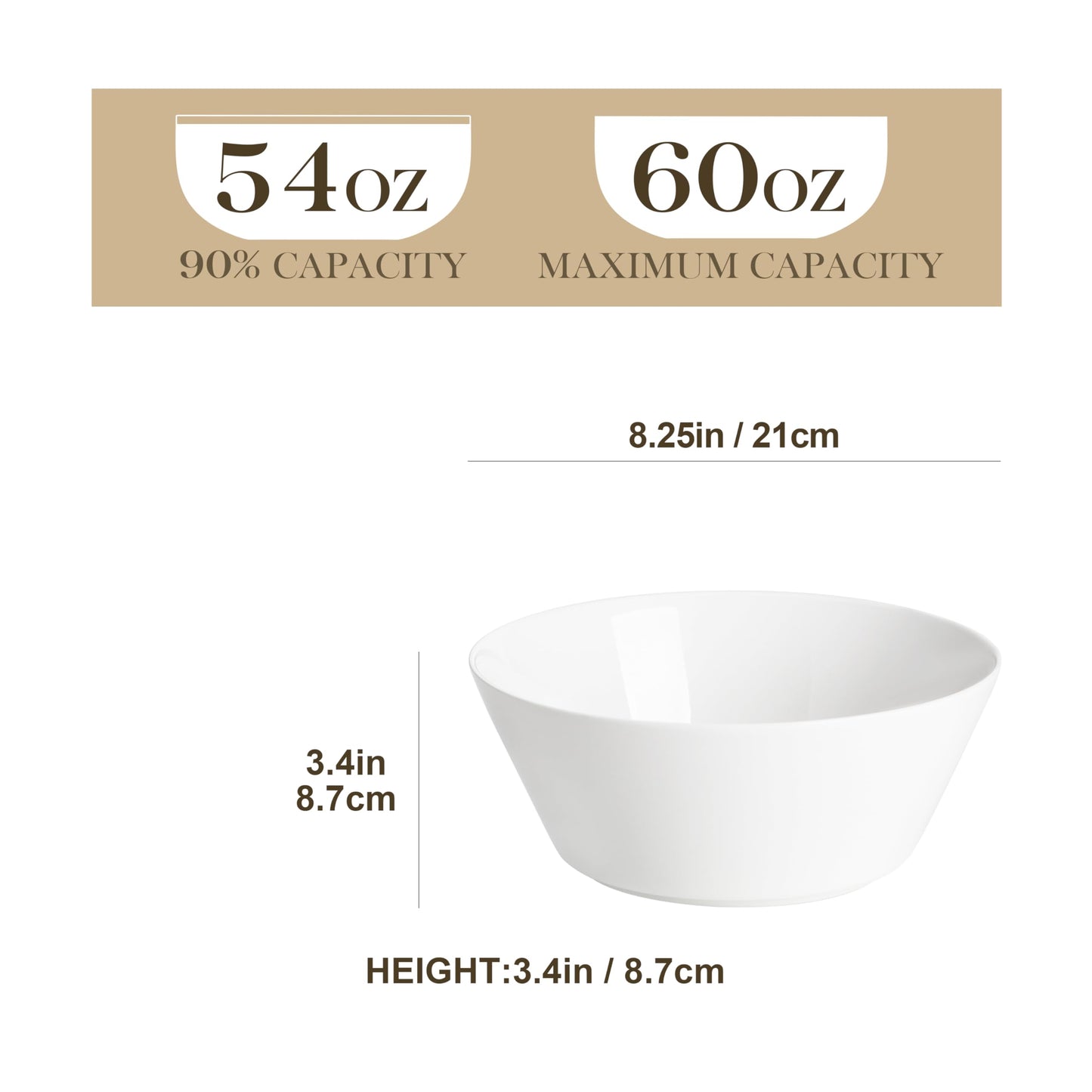 MALACASA Large Salad & Soup Bowls - Set of 4, 60 OZ Porcelain White Bowls for Ramen, Pasta, Pho - Microwave & Dishwasher Safe