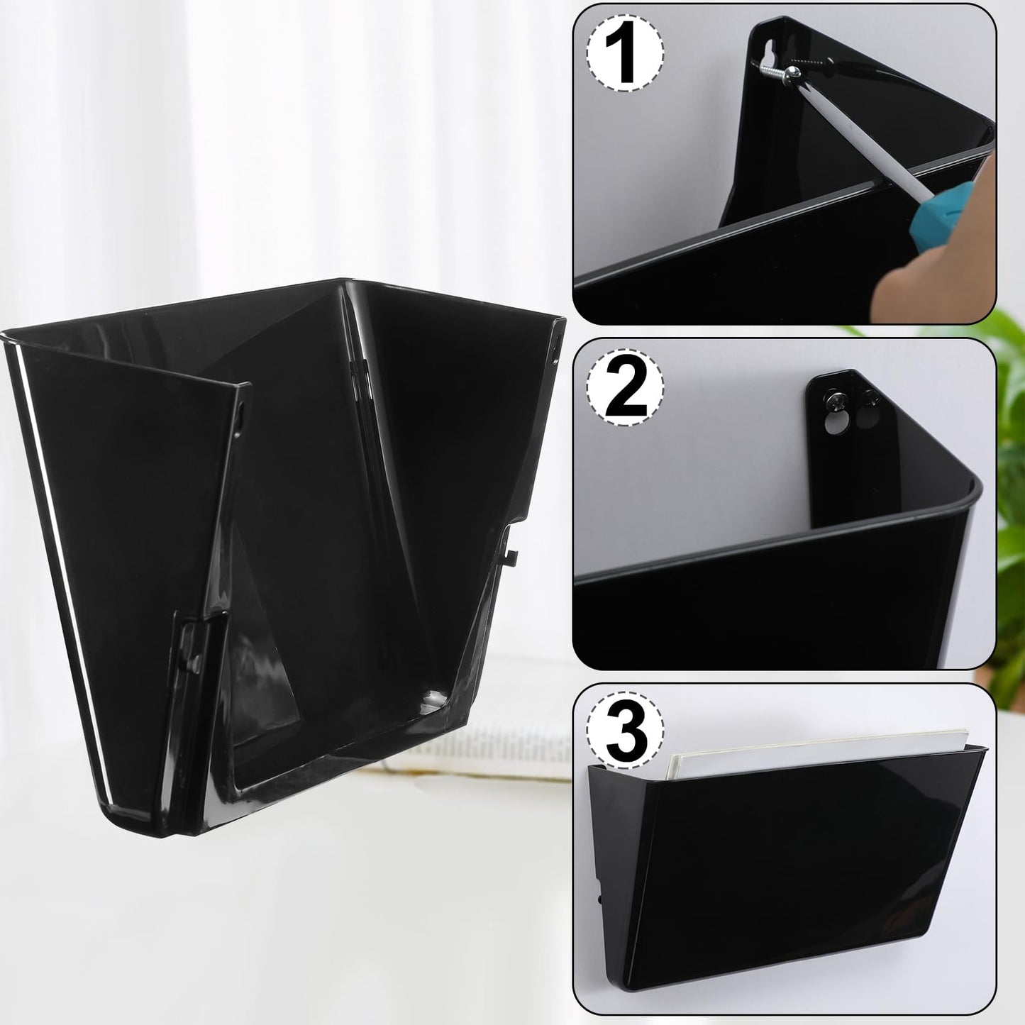 Tenceur 10 Pcs Single Pocket Wall Mount File Holder Black Plastic Wall Pocket with Screws and Tape Hanging File Organizer Letter Holder for Home Letters Mail Magazine Office