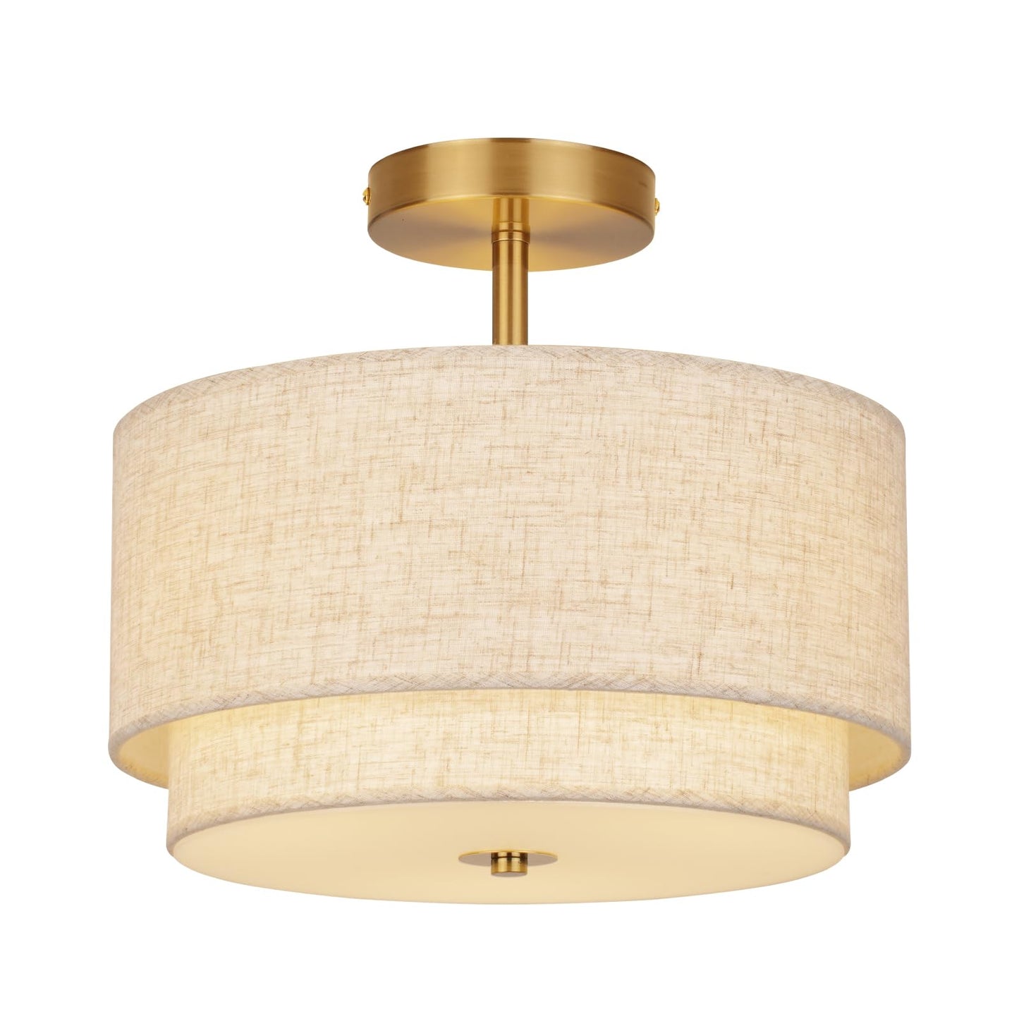 Semi Flush Mount Ceiling Light Fixture,12.6'' Gold Light Fixtures Ceiling Mount, Modern Close to Ceiling Light with 2-Layer Linen Shade,Farmhouse Drum Ceiling Light for Bedroom Hallway Living Room