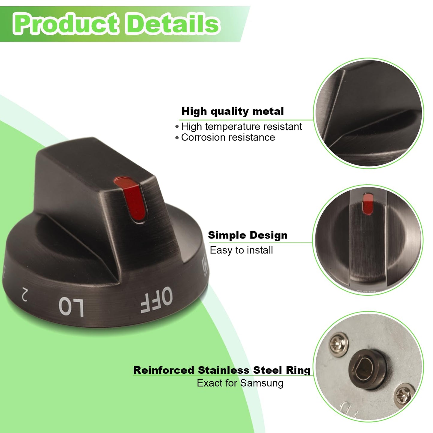 HLZDS DG64-00975A 001 Gas Stove Knobs Replacements, 5 Pack Metal Oven Knobs Compatible with Samsung NE/NX9000T NX60T8511SS/AA NX60BB871112AA NX60T8511SG/AA Gas Range Knobs etc