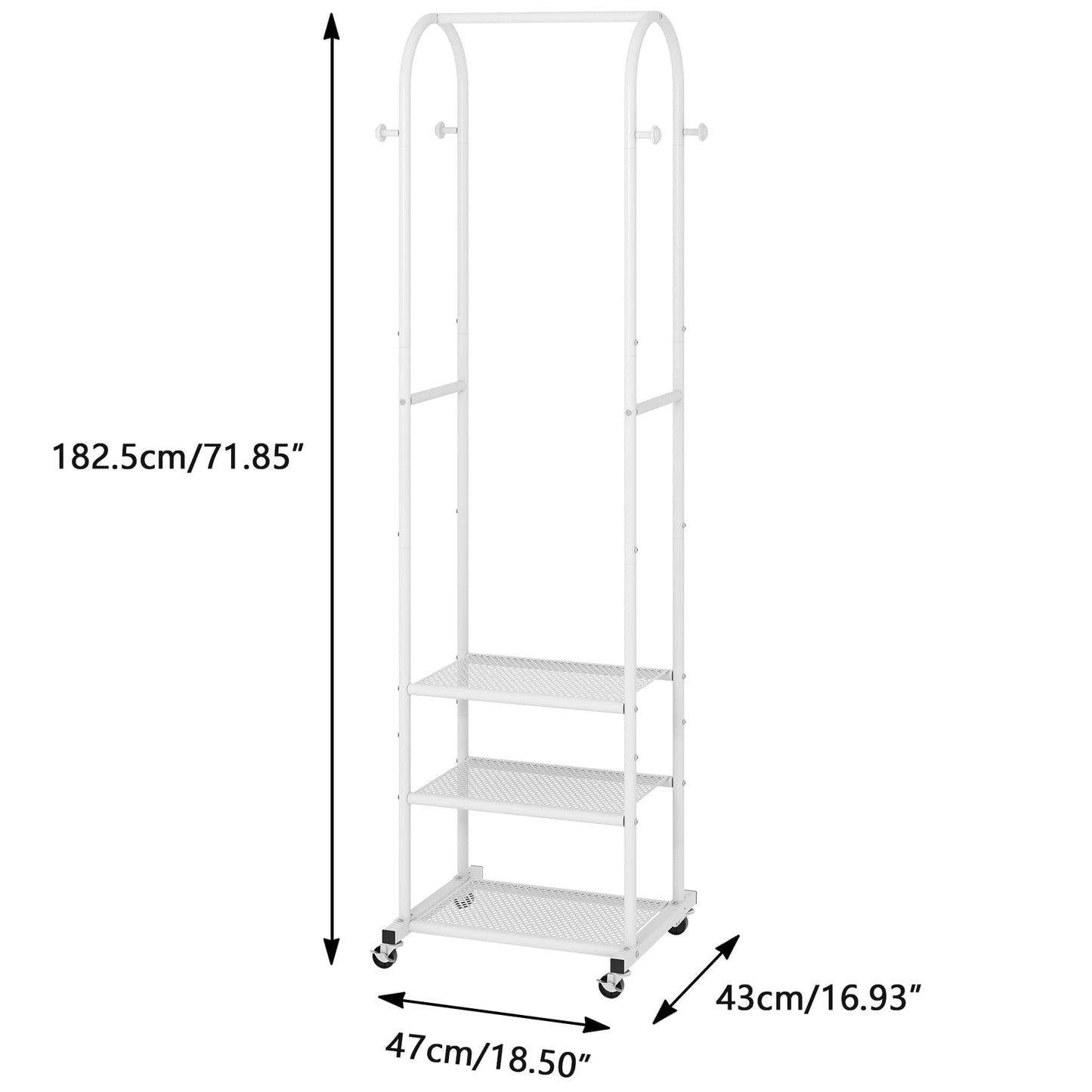Kaitiemoo Heavy Duty Clothing Rack with Wheels,Modern Garment Rack with 3 Metal Shelves, 71.8Inches Display Rack for Hanging Clothes, Hanging Rod for Small Spaces,White