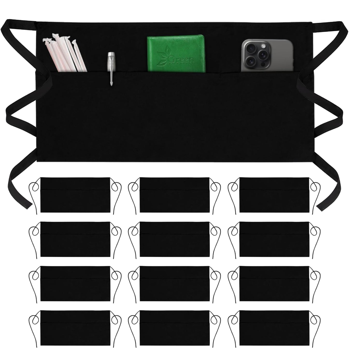 GREEN LIFESTYLE Server Aprons with 3 Pockets - Waist Apron, Waitress Apron for Women and Man, Water Resistant with Long Waist Strap Reinforced Seams, Half Apron (12 Pack - Black)