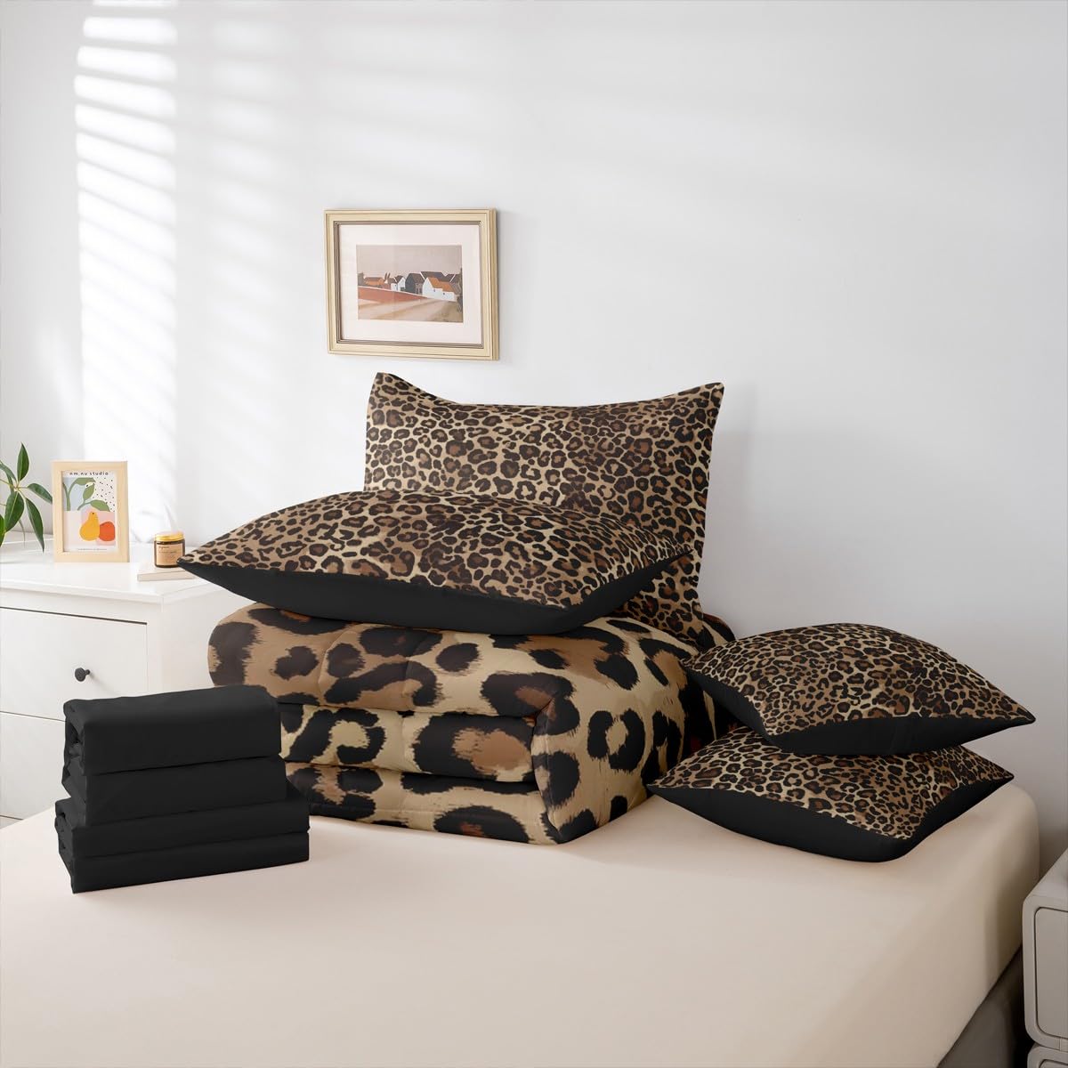 Erosebridal Leopard Print 7 Piece Bedding Set Full Cheetah Decor Comforter Set with Sheets Geometric Modern Bed in A Bag African Safari Animal Bed Sets with 2 Pillowcases, 2 Throw Pillow Covers
