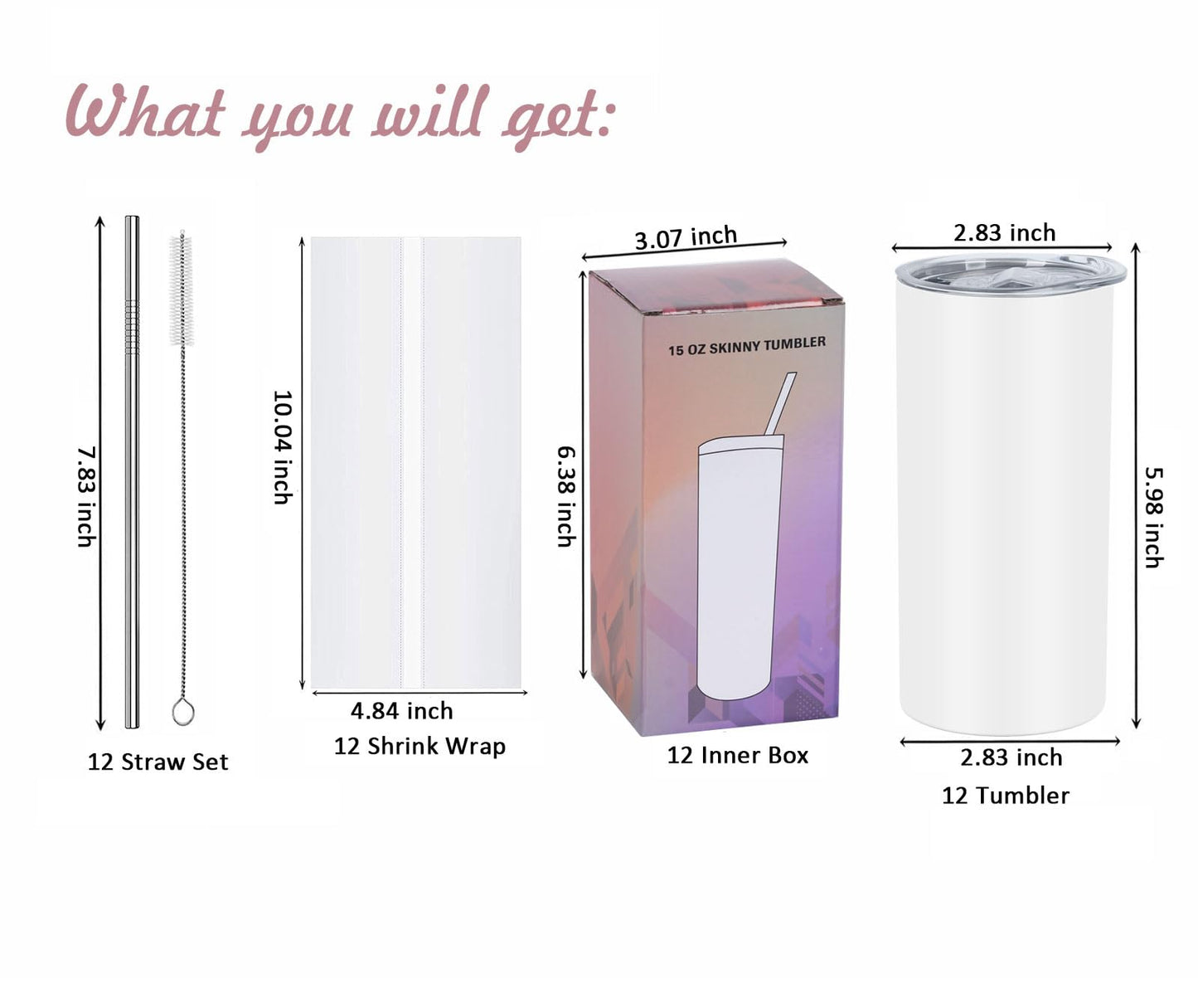 Wzaytia 15 Oz Sublimation Tumblers Blank (12 Pack), Skinny Straight Kids Sublimation Tumblers Bulk, Individually Gift Boxed,