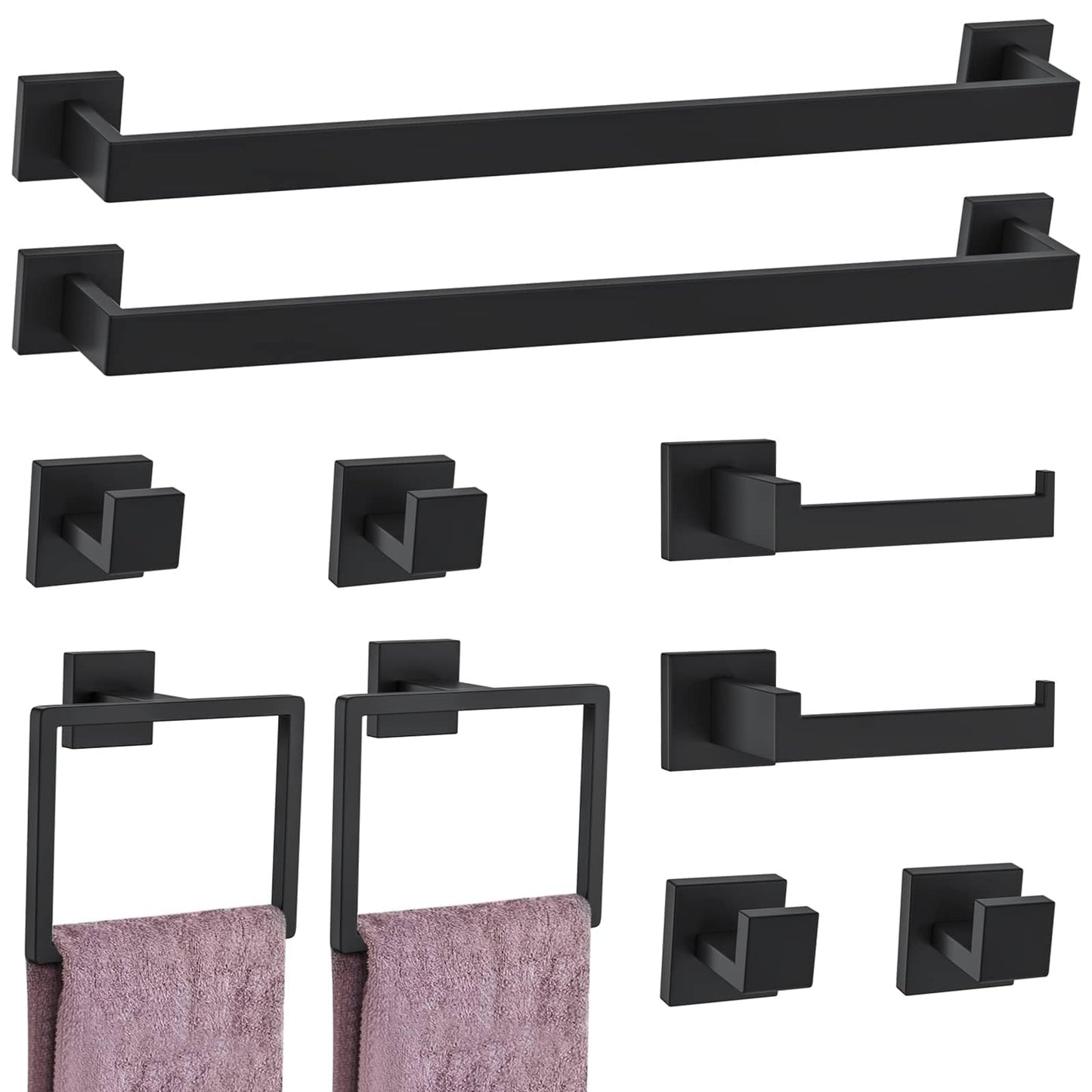 10-Piece Matte Black Bathroom Hardware Accessories Set Black Towel Bar Set Towel Holder Set Stainless Steel Wall-Mounted Towel Rack Set for Bathroom,23.6 Inch Towel Bar