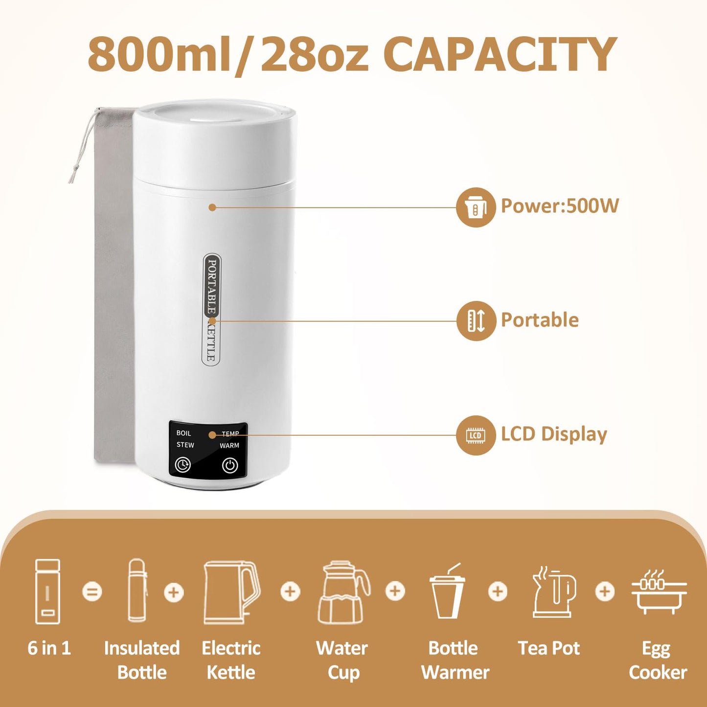 YOIDOO Travel Electric Kettle 800mL Portable Kettle with Automatic Shut Off & 9 Temperature Control for Hot Water/Tea/Coffee/Milk, 304 Stainless Steel Water Boiler