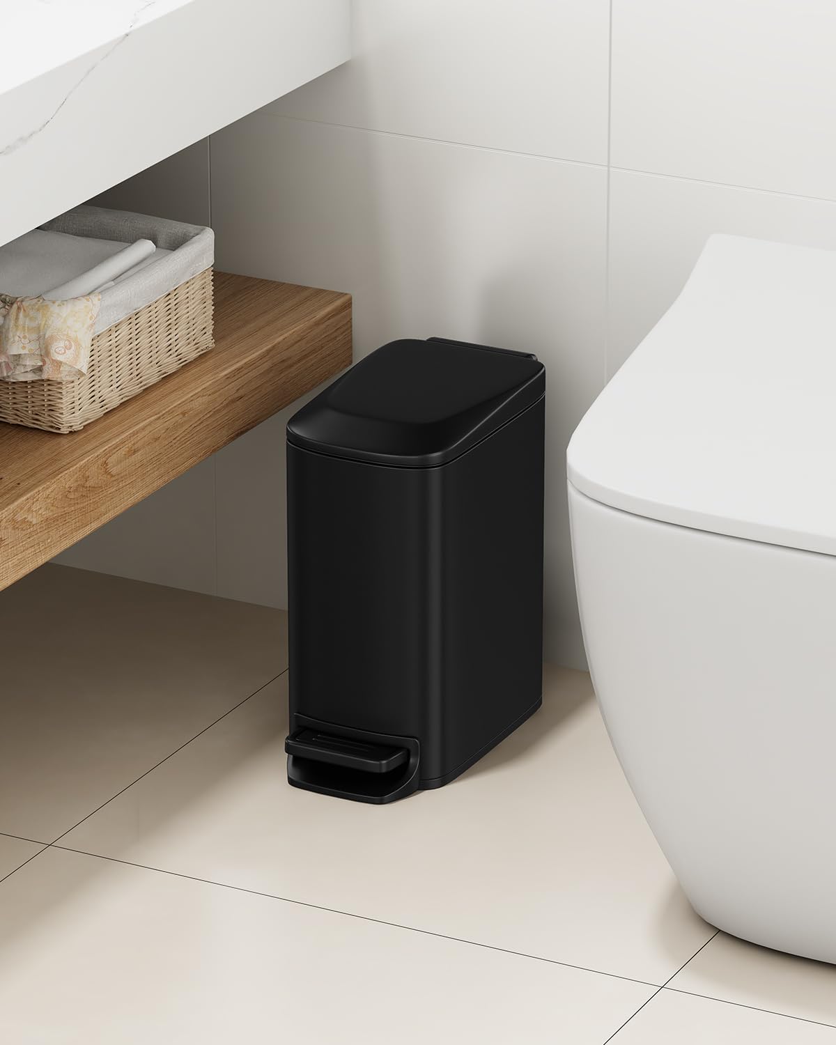 TIPGO Slim Bathroom Trash Can with Lid Soft Close, Step Pedal, 6 Liter / 1.6 Gallon Stainless Steel Trash Bin, Small Garbage Cans for Bedroom, Office, Kitchen (Matte Black)