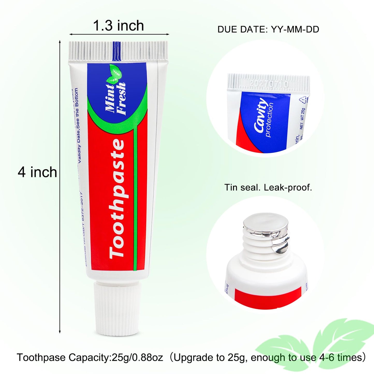 100 pcs Travel Size Toothpaste Bulk, 0.88oz/25 Grams Small Toothpaste Travel Size Bulk 4x1.4 inches Mint Mini Disposable Toothpastes for Hotel,Guests,Homeless,Charity