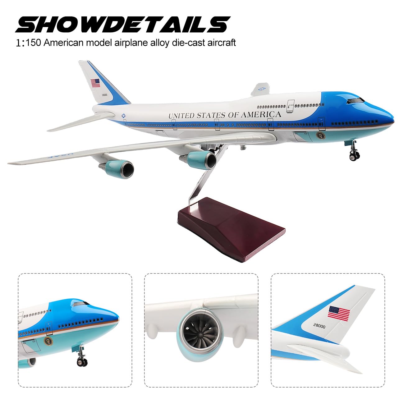 1/150 Scale Diecast Airplane US Airlines Boeing 747 Air Force Planes Model 18.5”Aircraft Model with Landing Gear Voice Control Cabin Light Aircraft Model for Collection