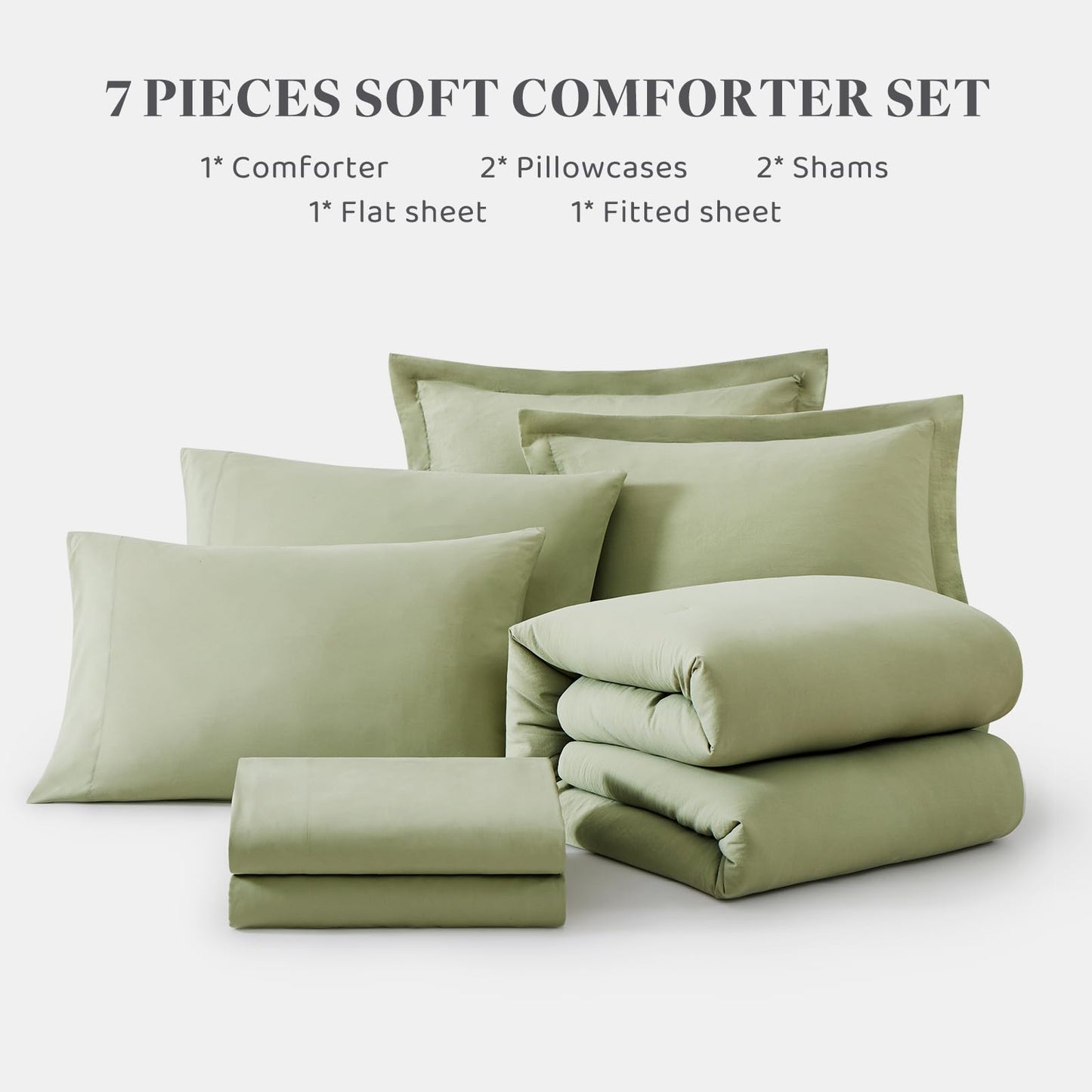 WRENSONGE Queen Comforter Set - 7 Pieces Sage Green Soft Bed in a Bag Queen with Fitted Sheet, Flat Sheet, 2 Pillow Shams, and 2 Pillowcases- Queen Bedding Sets for All Season