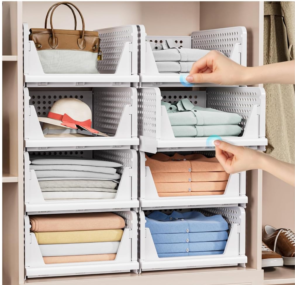 4 Pack Stackable Closet Storage Basket - Stackable Storage Bins, Multifunctional & Foldable Closet Organizer Divided, Wardrobe Cupboard Space-Saving Clothes Storage Hat Organizer, White