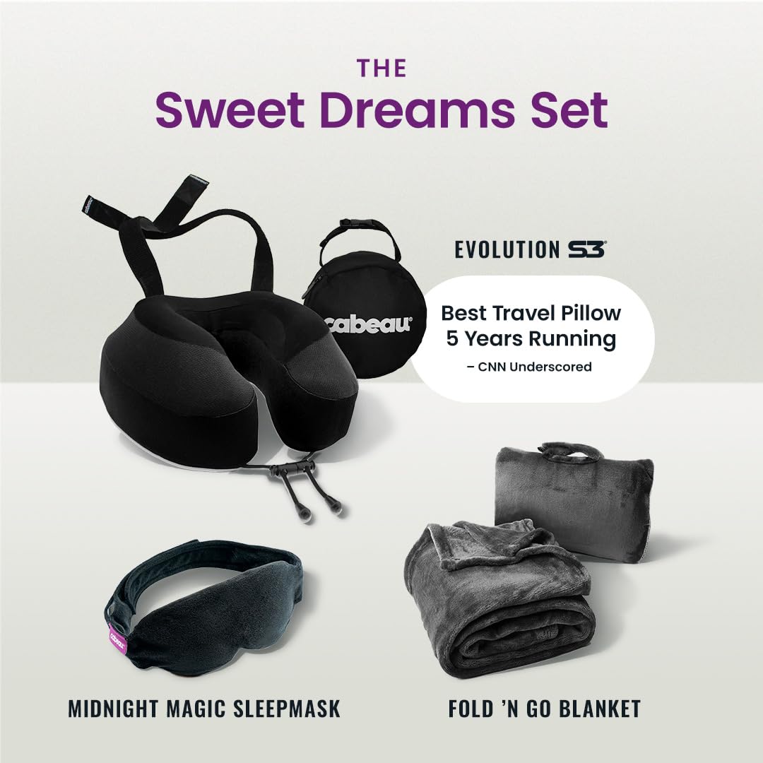 Cabeau Evolution S3 Airplane Travel Pillow for Long Flights - Supportive Memory Foam Body Positioner with Seat Straps to Secure Your Head and Neck and Provides 360 Support (Jet Black)