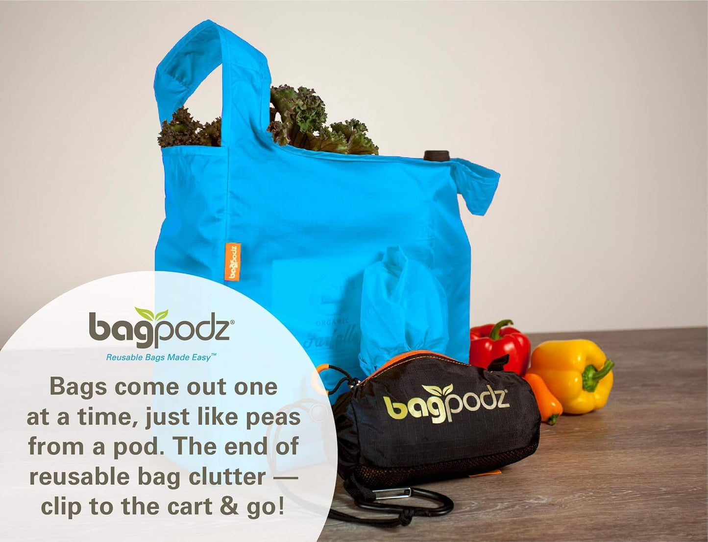 BagPodz Sturdy Reusable Grocery Bags Foldable and Washable - Made From RipStop Nylon Hold 50lbs - Designed in USA Reusable Shopping Bags Inside a Compact Pod with Carry Clip - 10 Pack in Blue
