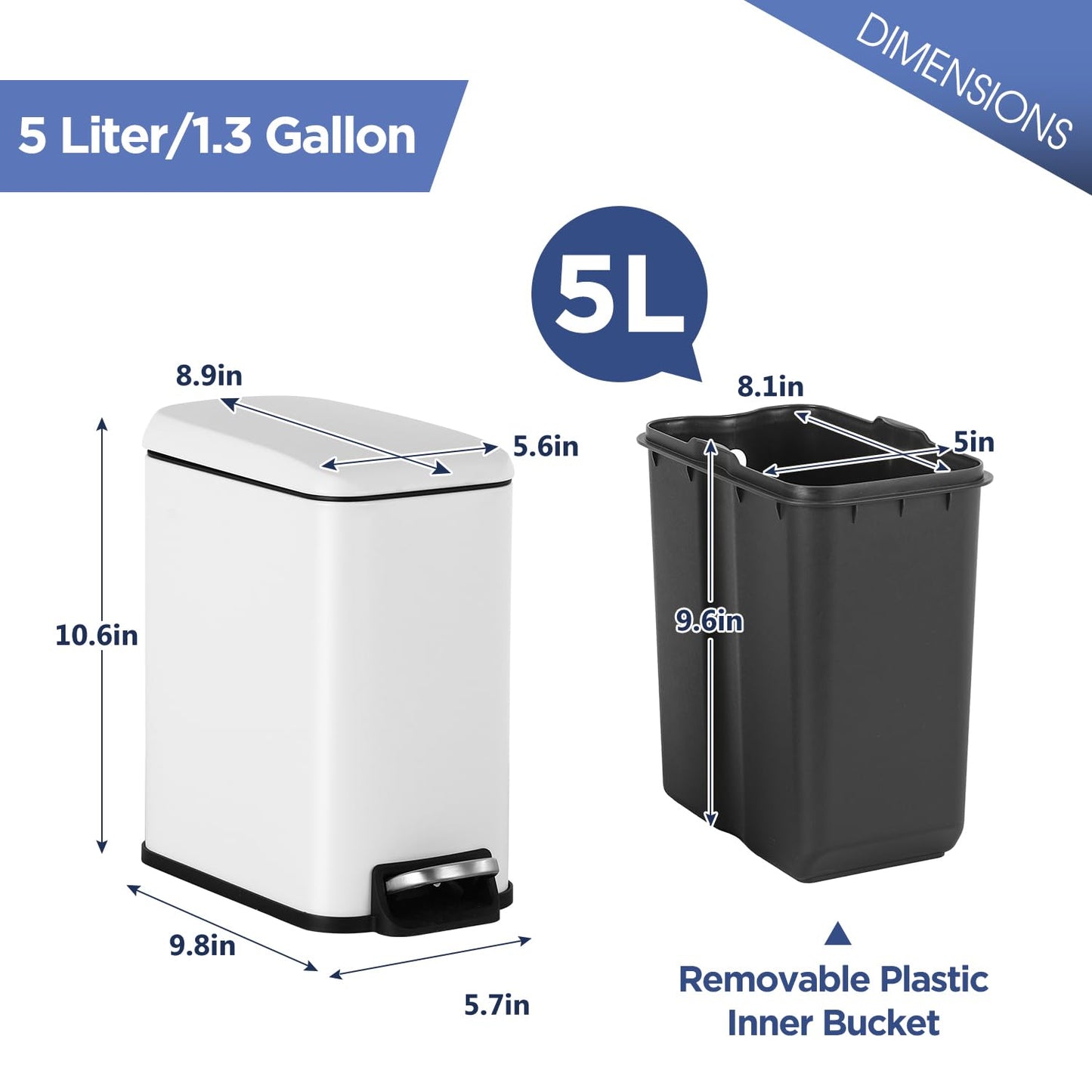 BestOffice Bathroom Trash Can with Lid, 1.3 Gallon Step Pedal Small Trash Can, White Stainless Trash Bin for Bathroom, Bedroom, Kitchen, Office (5L)