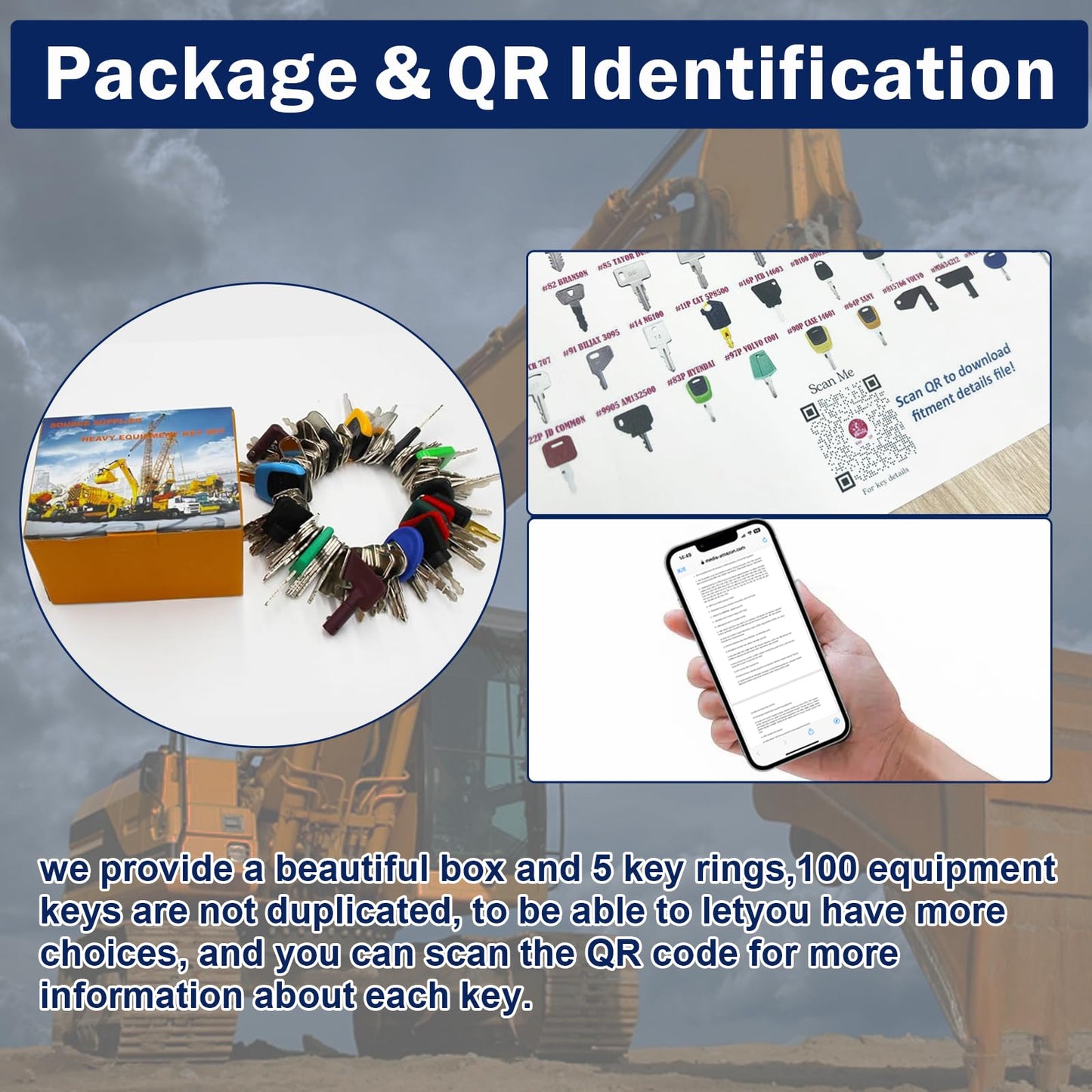 100 Non-Repeating Master Equipment Key Set,Original Heavy Construction Excavatoer Dumper Dozer Ignition Key for CAT John Deere JCB Yanmar Takeuchi Komatsu Volvo Toyota and More