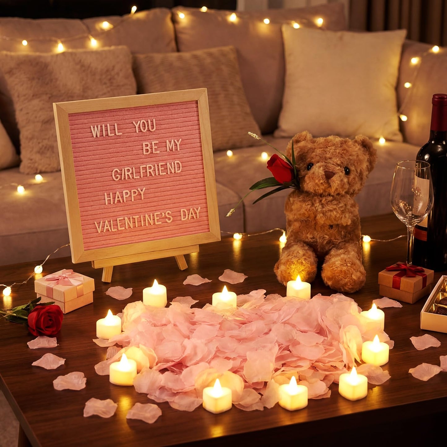 Ceenna Will You Be My Girlfriend Romantic Sign with LED Candles and Artificial Rose Petals, Bear Stuffed Animal Gift with Rose DIY Felt Letter Board Sign for Surprise(Pink)