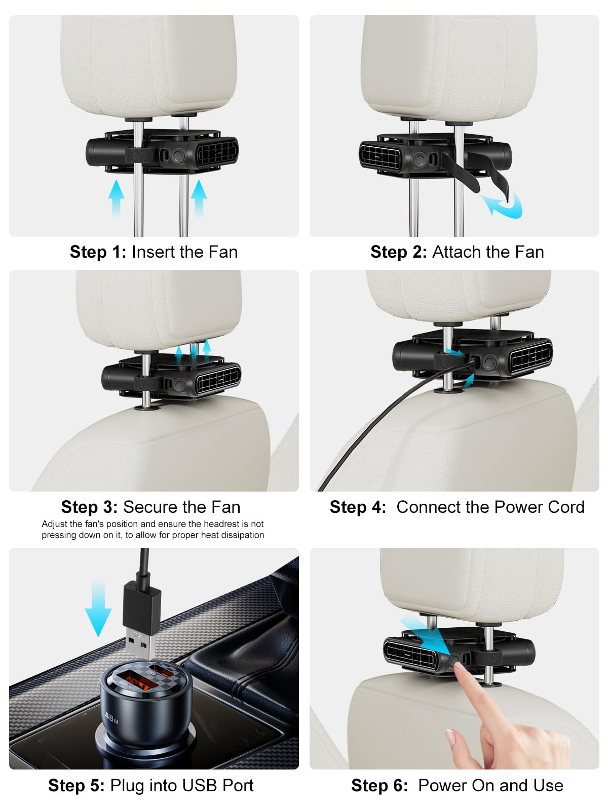 SEAINGO Car Fan for Front and Back Seat, USB Powered (No Battery, Not Rechargeable), Headrest Mount Cooling Fan with Front/Rear Airflow Switch and 3 Speeds, Fits Headrest Posts Spaced 4.6–6.2 in