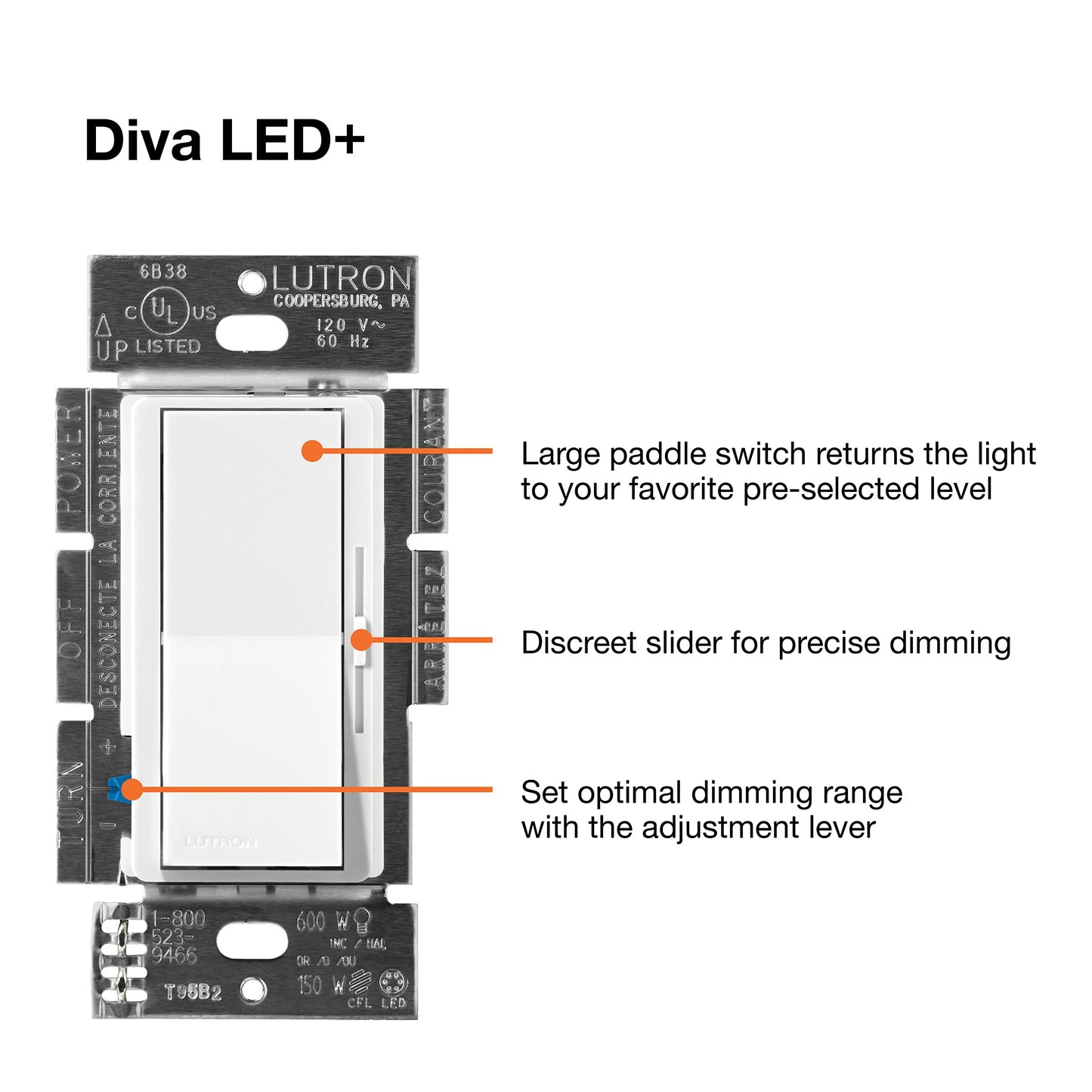 Lutron Diva LED+ Dimmer Light Switch for Dimmable LED, Halogen, and Incandescent Bulbs, 150 Watt, Single-Pole or 3-Way, DVCL-153P-BL, Black