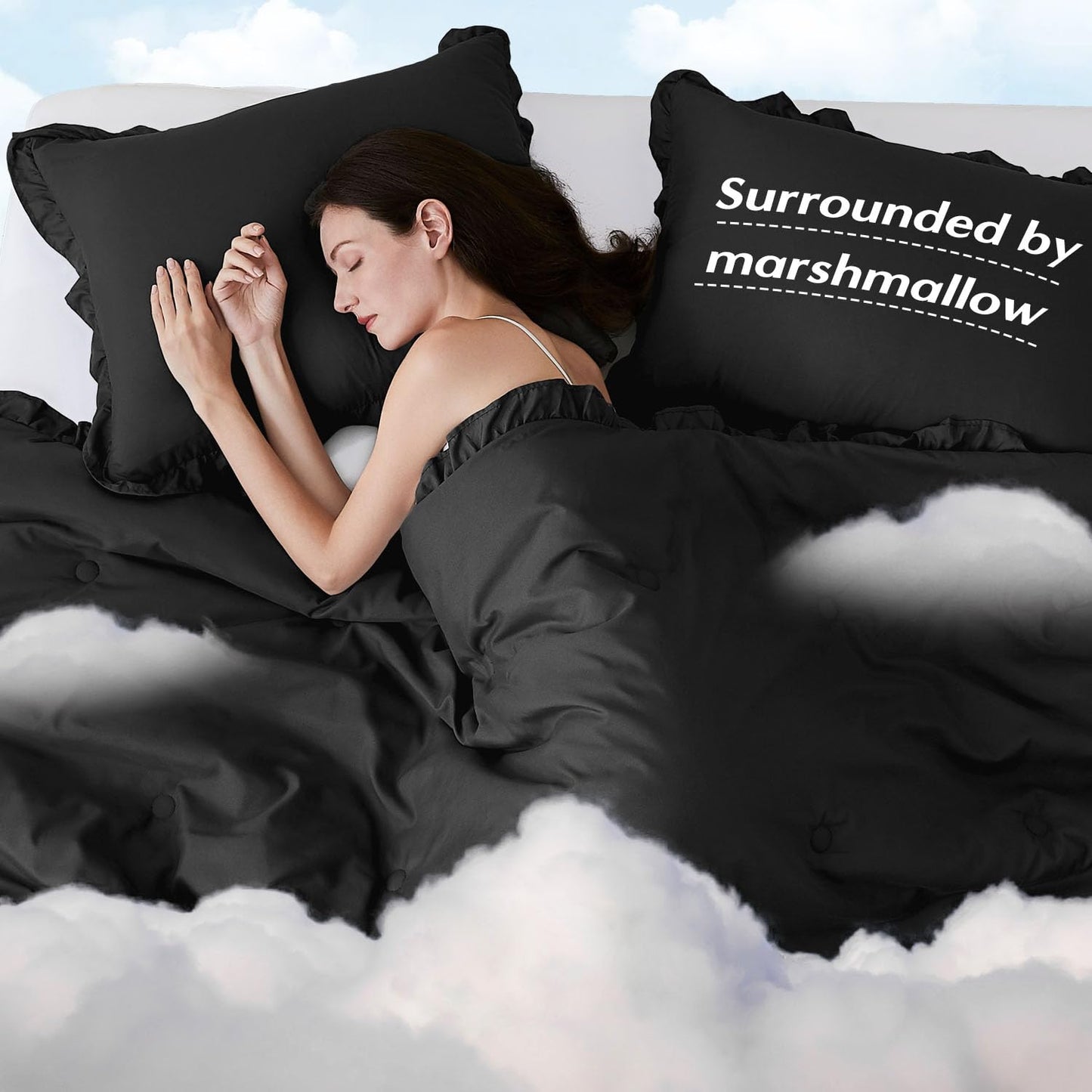 HARBOREST Queen Comforter Ruffle Black, Fluffy Queen Bedding, 3 Pieces Shabby Chic Comforter Set(1 Comforter & 2 Pillow Shams)