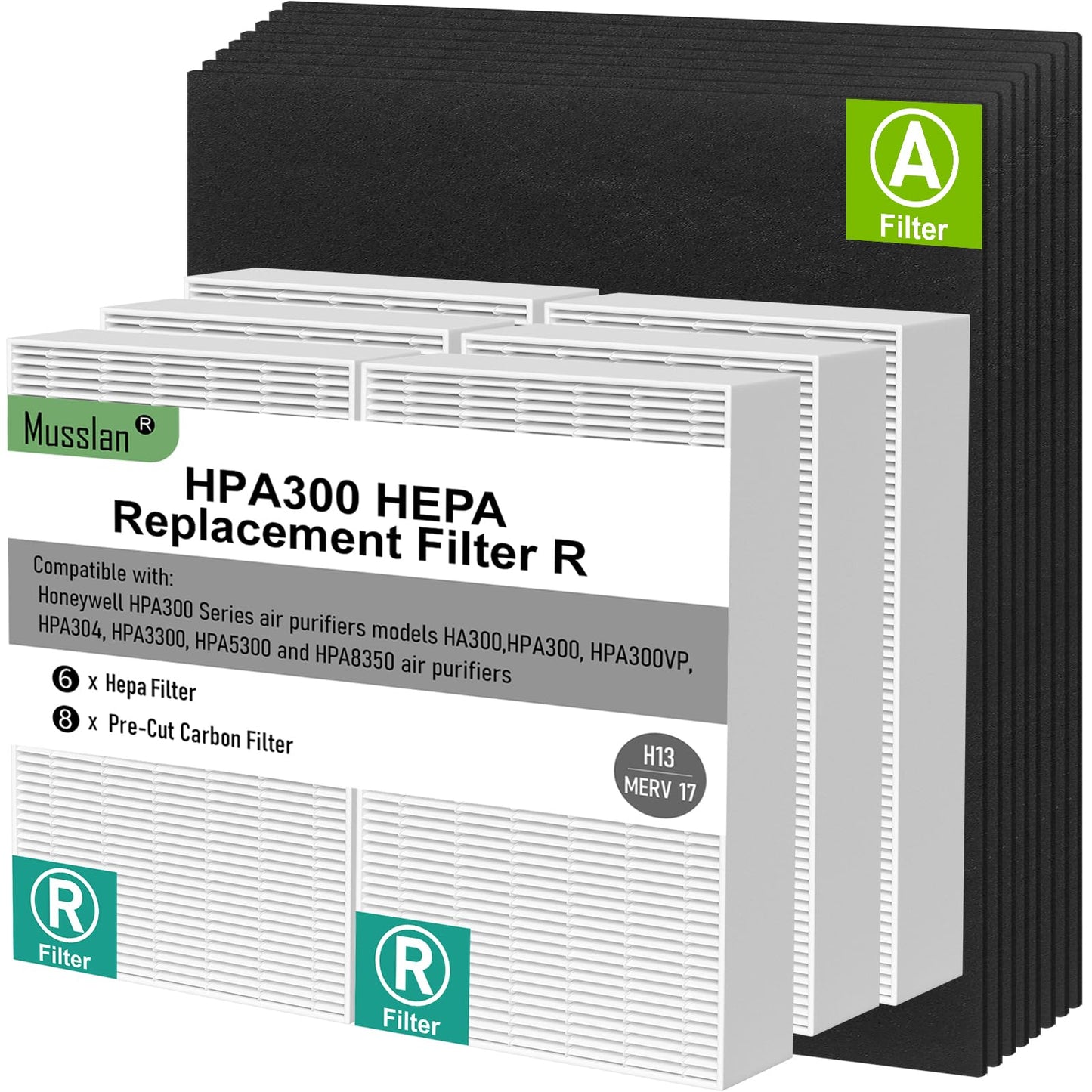 Musslan 6 Pack HPA300 HEPA Filter Replacement R with 8 Pack Activated Carbon Filter A Compatible with Honeywell Air Purifier HPA300, HPA304, HPA200, HPA3300 and HPA5300 Series
