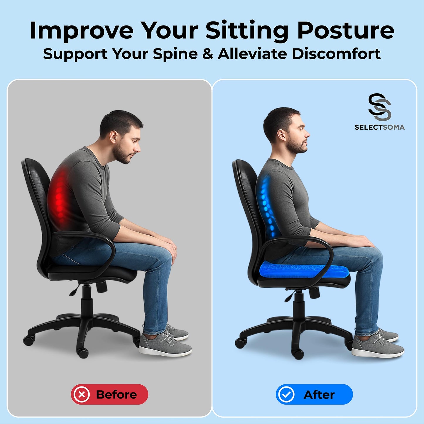 SelectSoma Super Large Gel Seat Cushion for Long Sitting - 18.5" x 17.5" - Breathable Cooling Design - Pressure Relief for Sciatica, Tailbone & Back - Office Chair, Wheelchair, Car & Truck Cushion