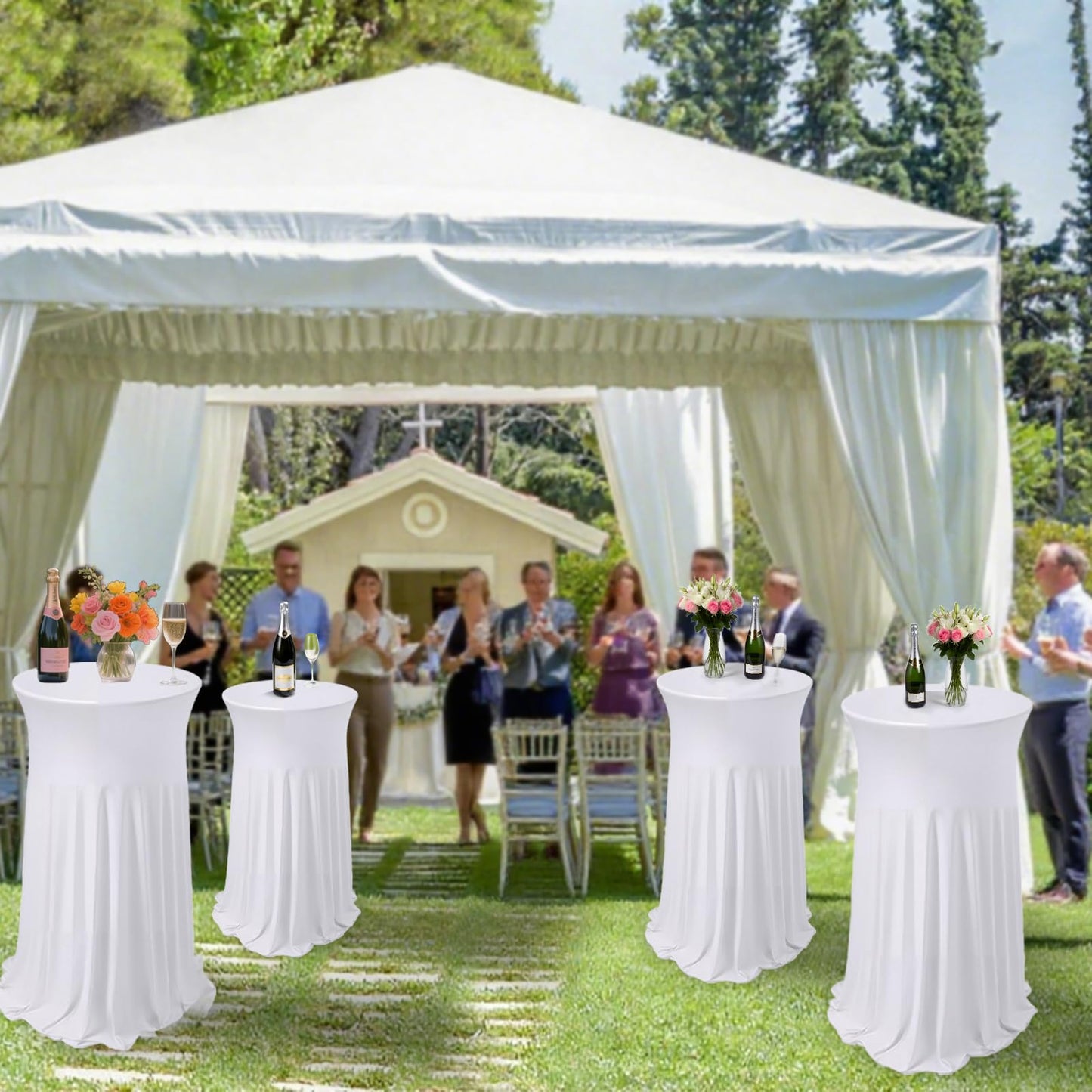 Lakluse 6 Pcs White Spandex Stretch Round Cocktail Table Skirt, 32x43 Inch High Top Table Covers, Fitted Table Cloths for Wedding, Bar, Banquet, Party Decor & Event Supplies