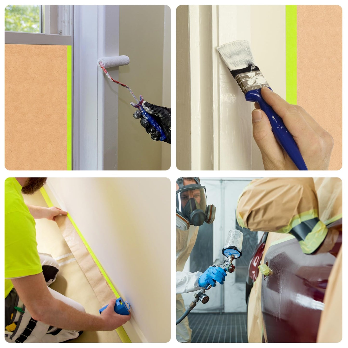 Tangibay Pre-Taped Masking Paper with Dispenser - 18" x 66' Painters Paper and Tape for Painting House, Auto Body, Cars (1 Dispenser 4 Refills)