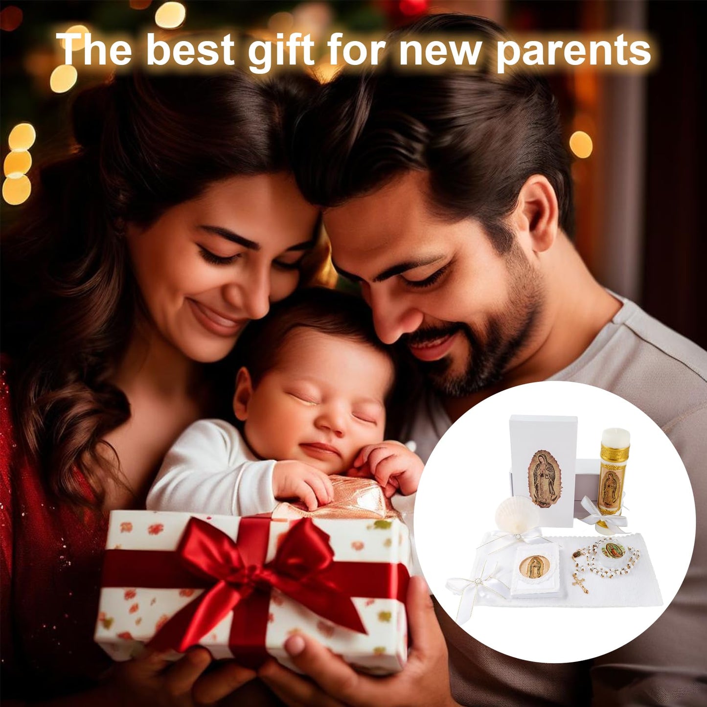 Baptism Candle Set for Boys and Girls,5 PCS Baptism Kit Virgen De Guadalupe Catholic Candle,Towel,Shell,Rosary,Bible for Baptismal Christening First Communion Gift,Velas para Bautizo De Niño o Niña
